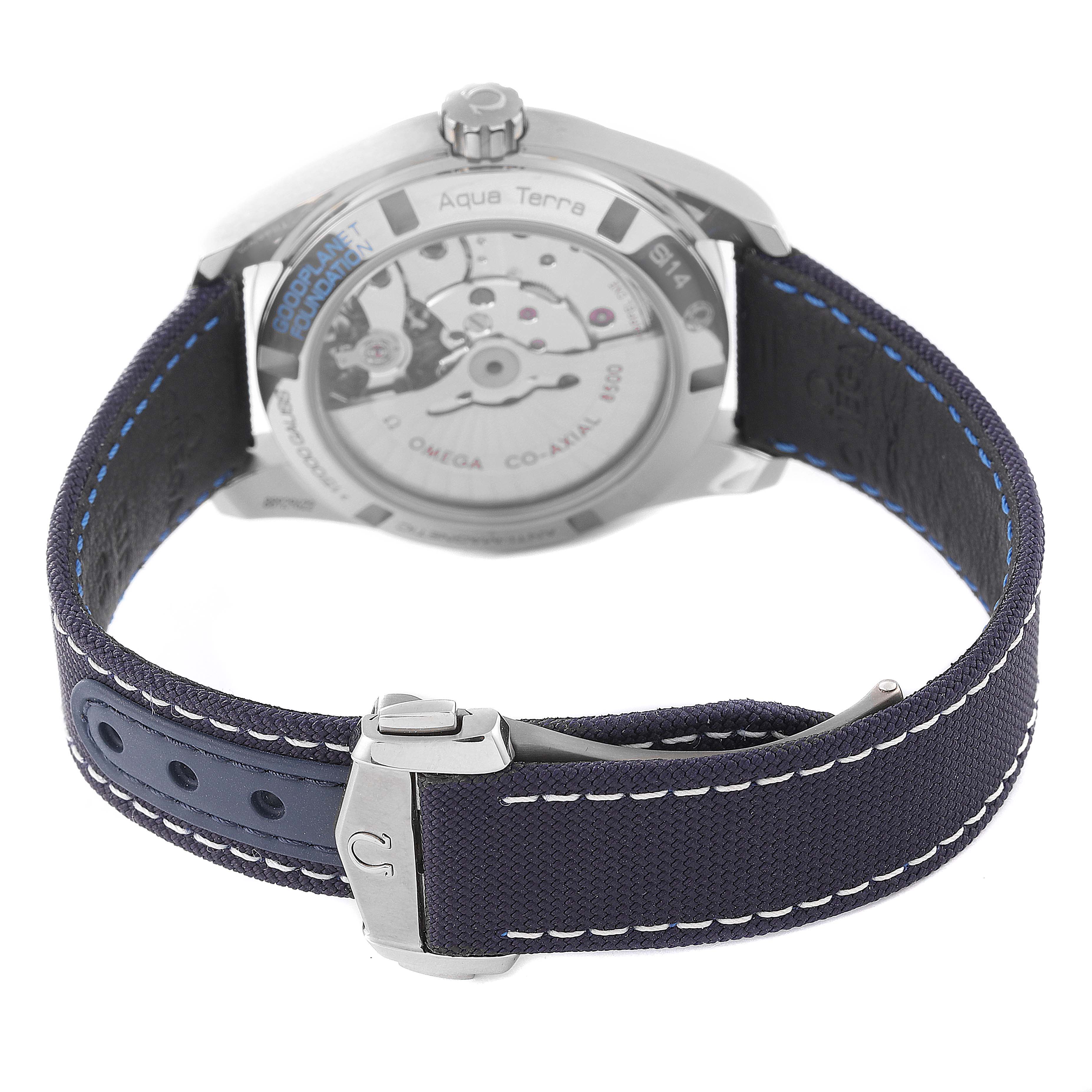 The image shows the back view of the Omega Aqua Terra 231.92.39.21.04.001 Men's Titanium White Dial 231.92.39.21.04.001 Men's Titanium White Dial watch, highlighting its mechanism and strap with buckle.