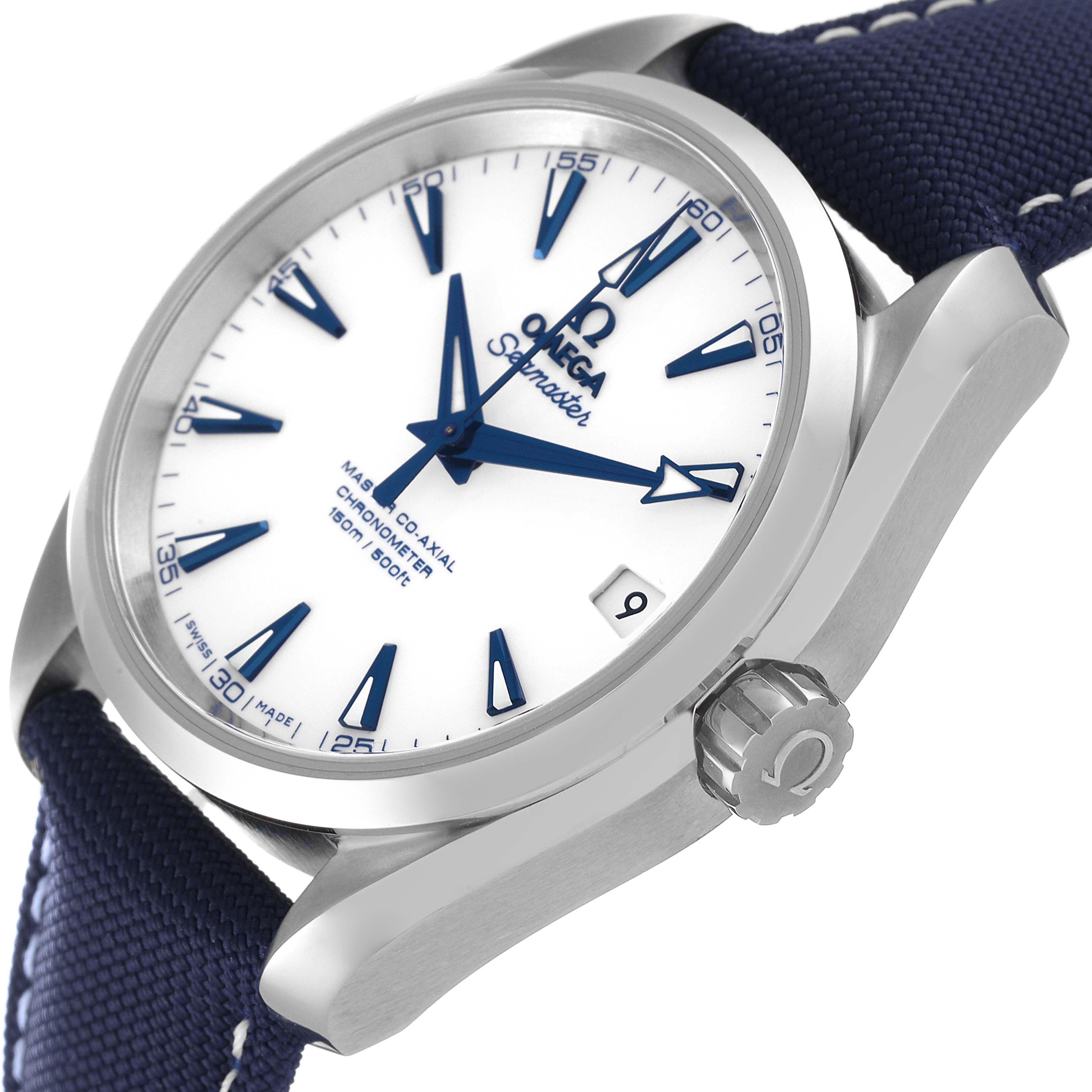 This image shows an angled close-up of the Omega Seamaster Aqua Terra watch, highlighting the dial, crown, and strap.