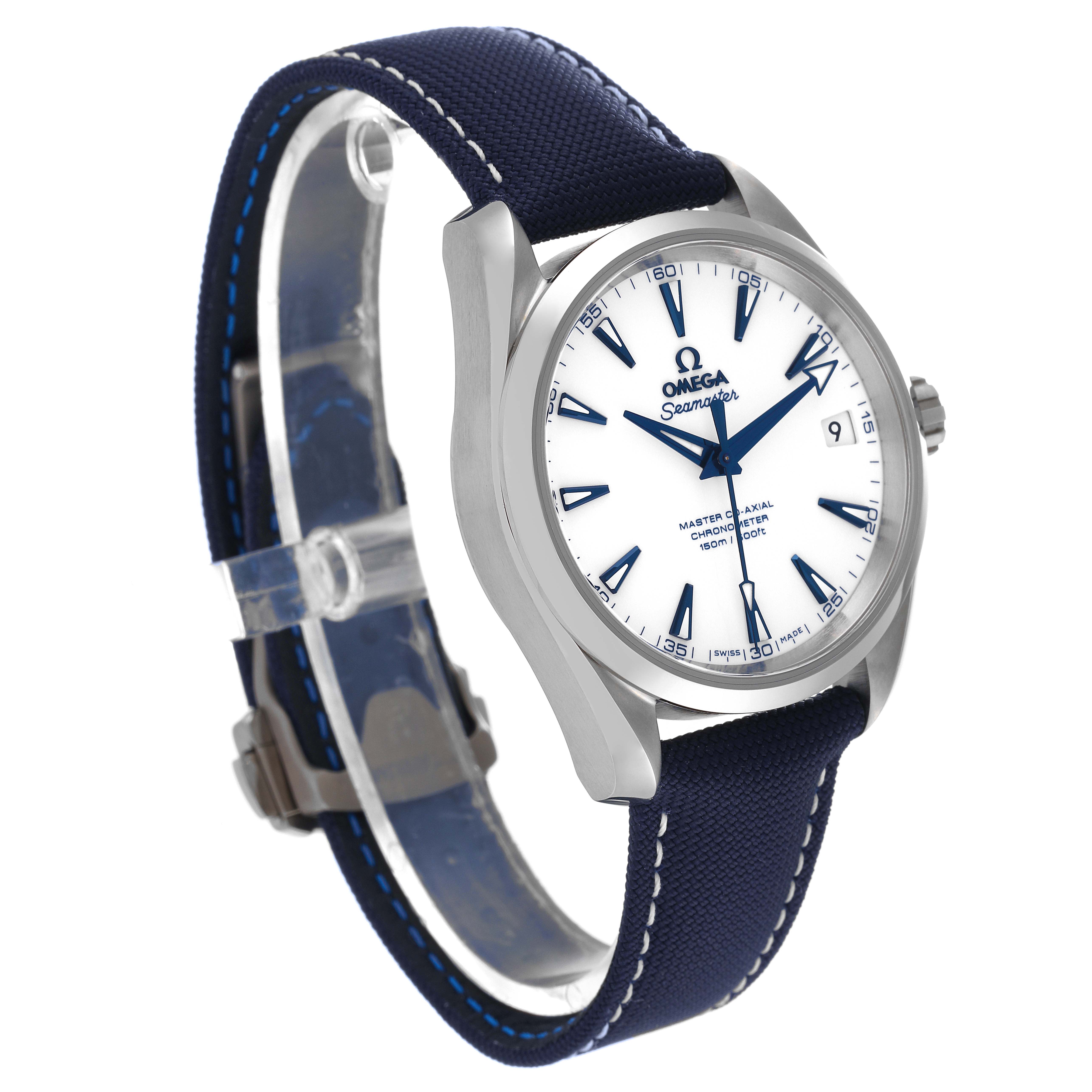 The image shows an Omega Aqua Terra 231.92.39.21.04.001 Men's Titanium White Dial 231.92.39.21.04.001 Men's Titanium White Dial watch from a left-side angle, highlighting the dial, case, and strap.