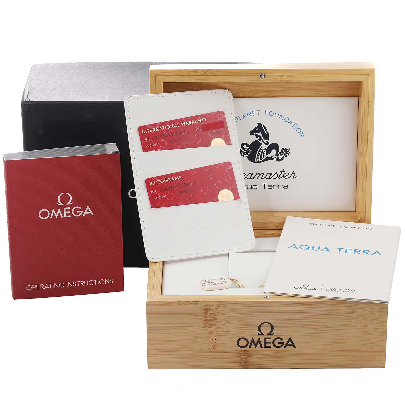 The image shows the Omega Aqua Terra 231.92.39.21.04.001 Men's Titanium White Dial 231.92.39.21.04.001 Men's Titanium White Dial watch packaging, including the box, warranty cards, operating instructions, and certification booklet.