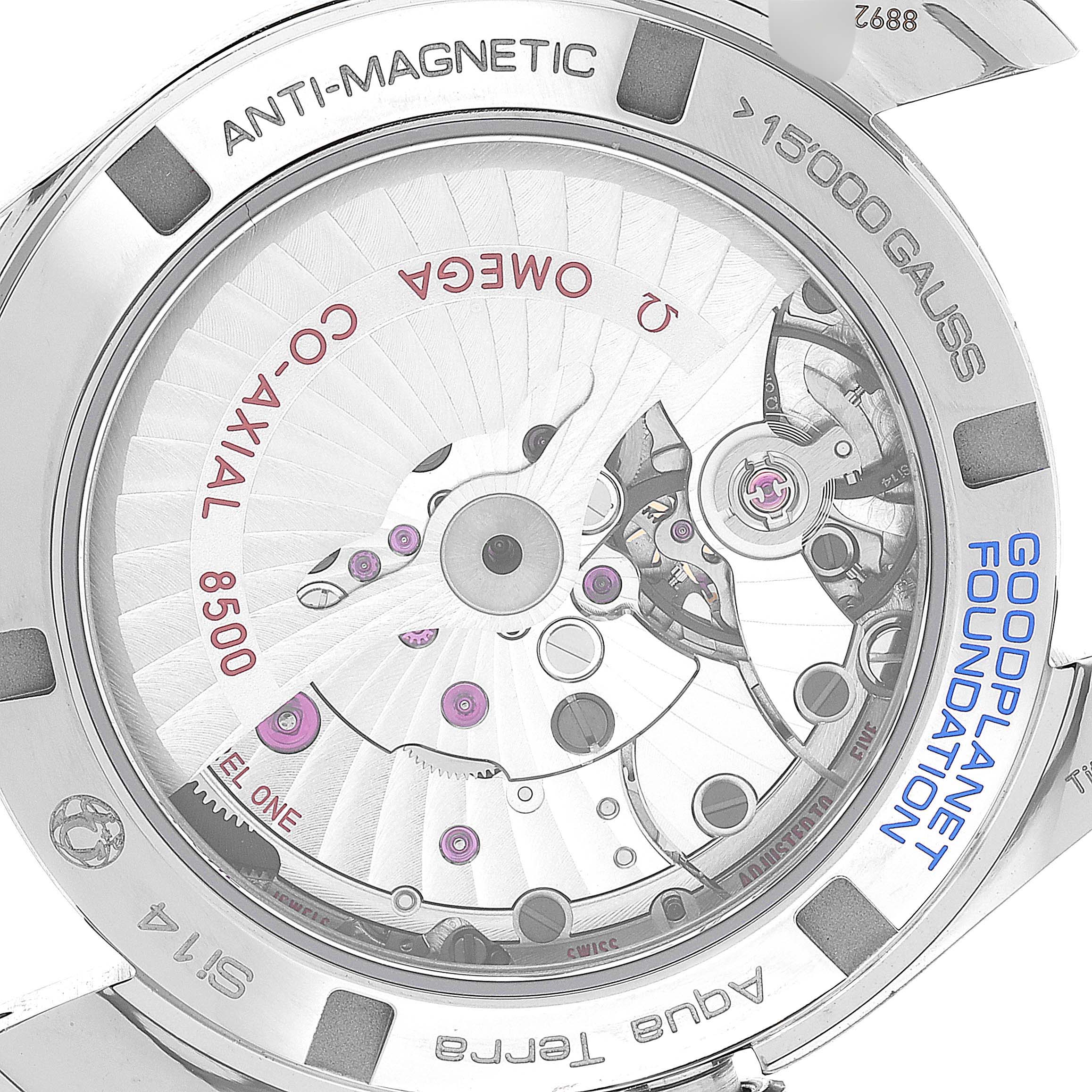 The image shows the back view of the Omega Aqua Terra 231.92.39.21.04.001 Men's Titanium White Dial 231.92.39.21.04.001 Men's Titanium White Dial watch, highlighting its anti-magnetic properties and internal mechanical parts.