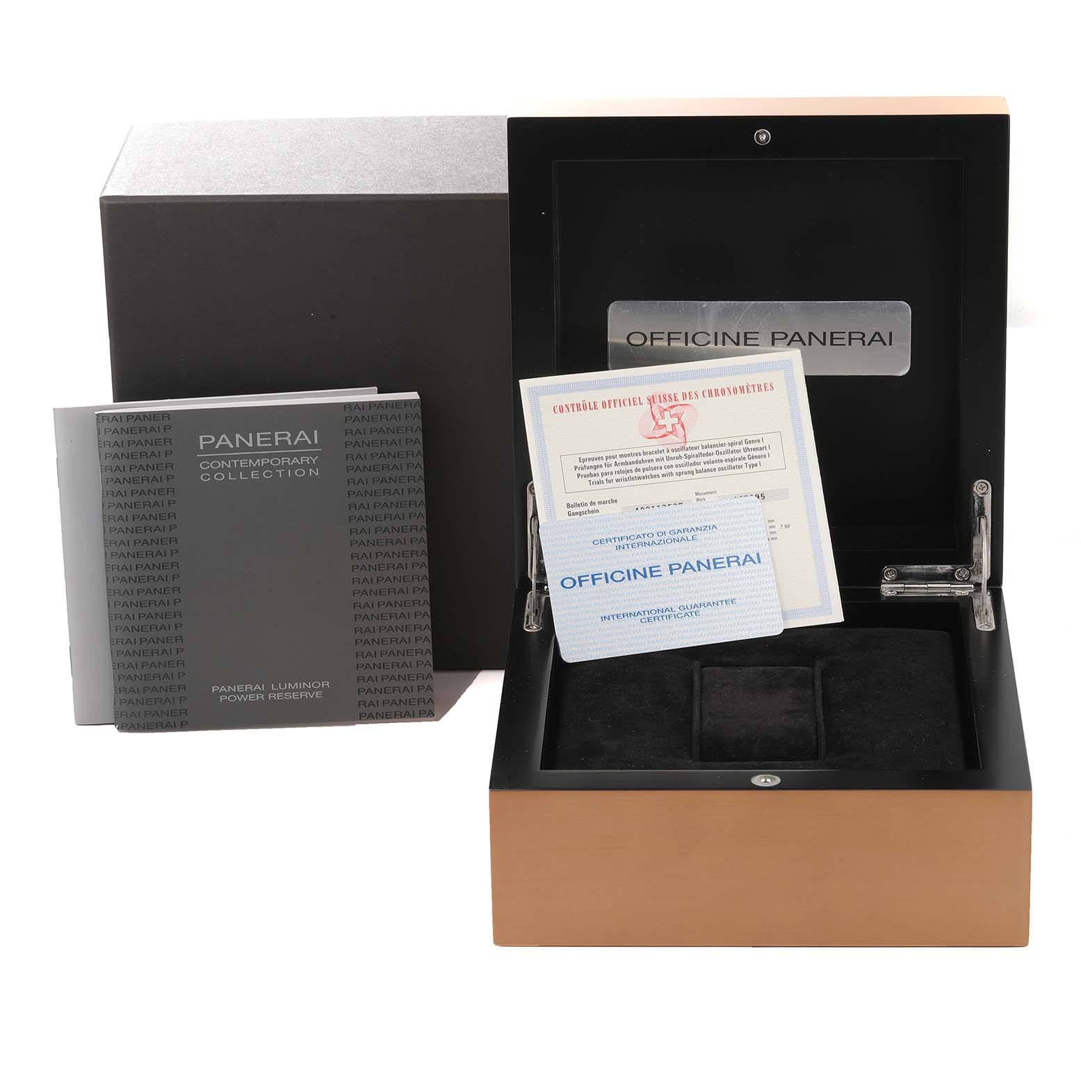 This image shows the Panerai Luminor PAM00241 Men's Stainless Steel Black Dial PAM00241 Men's Stainless Steel Black Dial watch box, warranty certificates, and booklet from a front angle.
