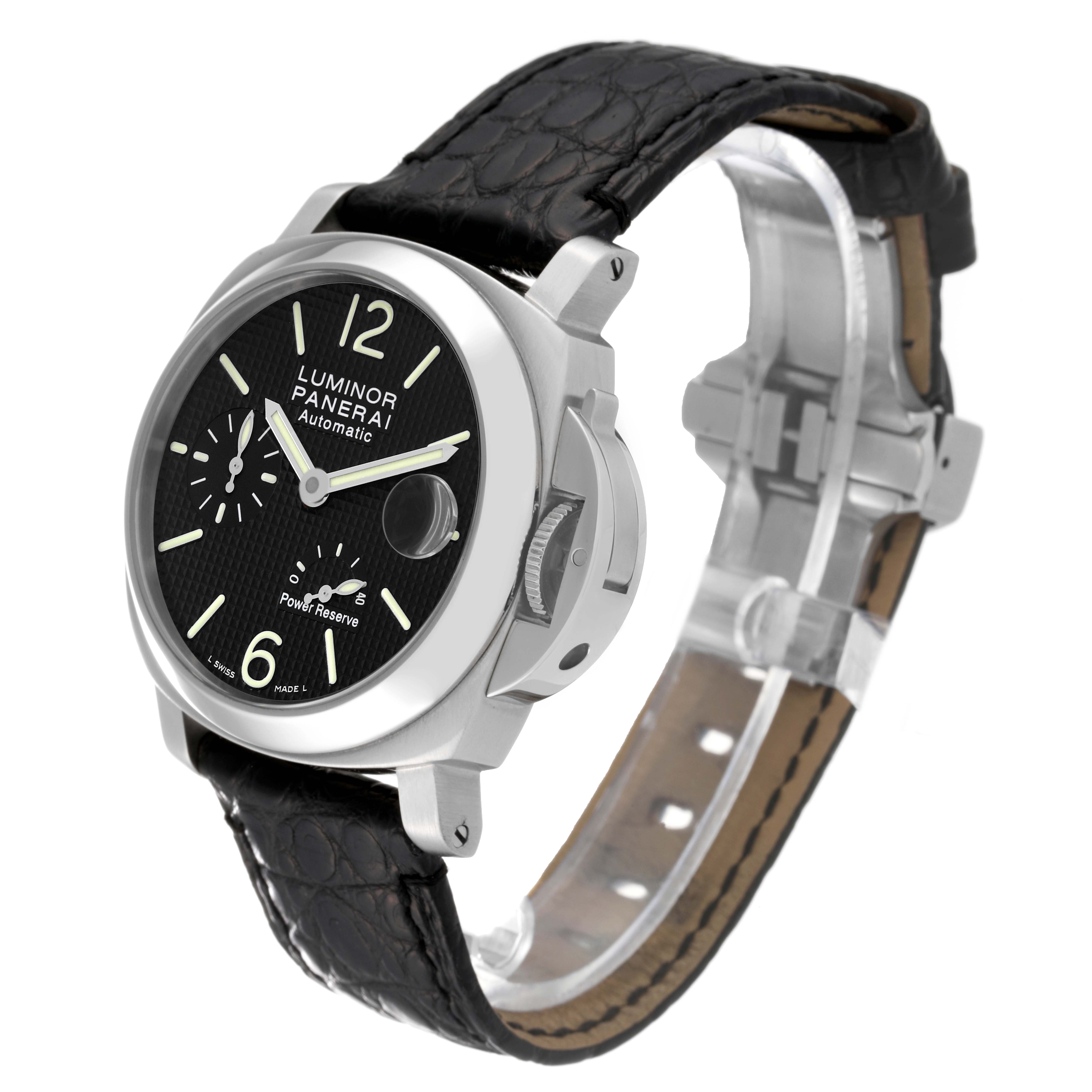 The image shows a Panerai Luminor PAM00241 Men's Stainless Steel Black Dial PAM00241 Men's Stainless Steel Black Dial watch from a 3/4 angle, highlighting its black dial, case, crown guard, and leather strap.