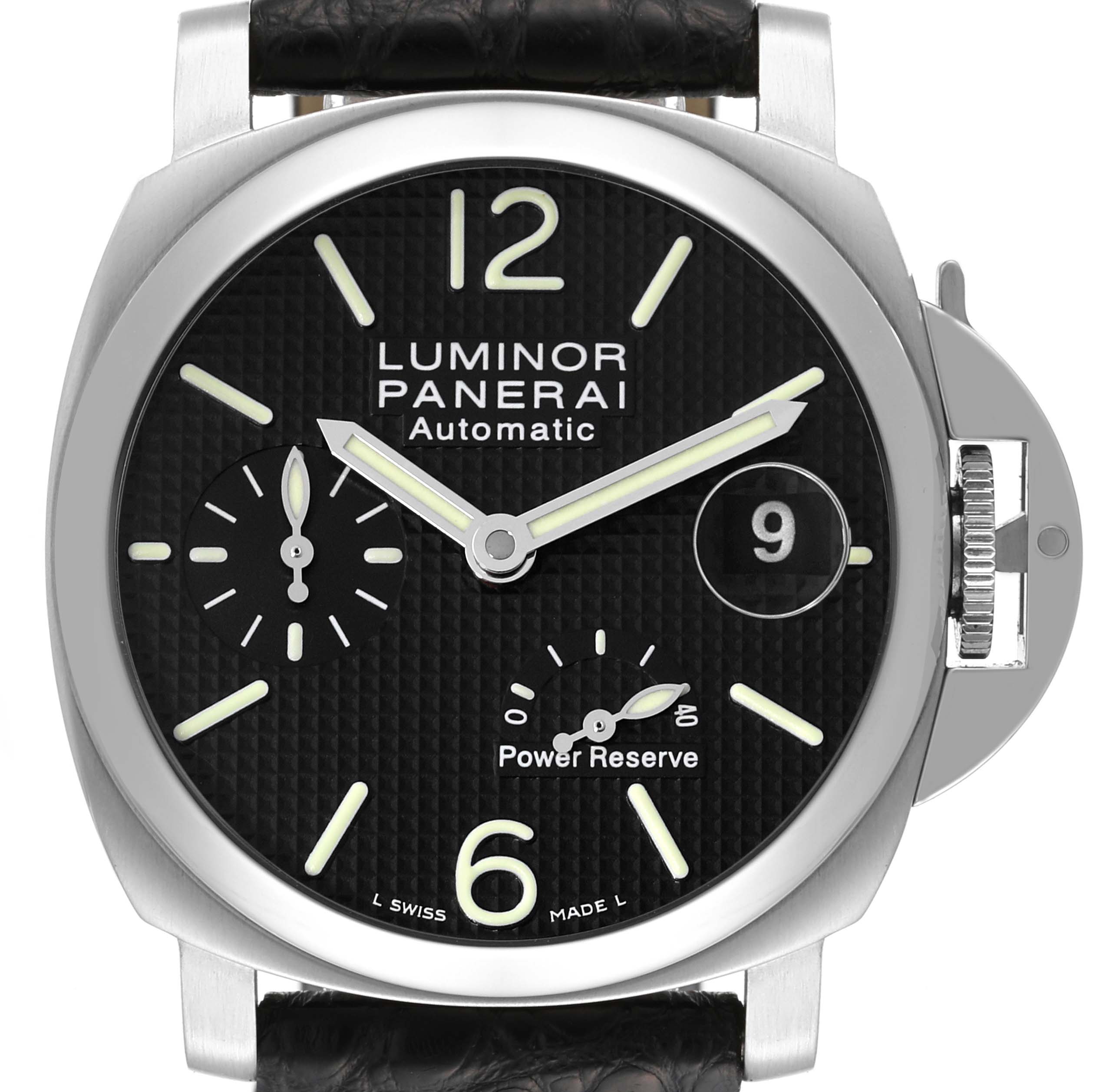 The image shows a front view of a Panerai Luminor PAM00241 Men's Stainless Steel Black Dial PAM00241 Men's Stainless Steel Black Dial model, highlighting its face, dial, and crown-protecting bridge.