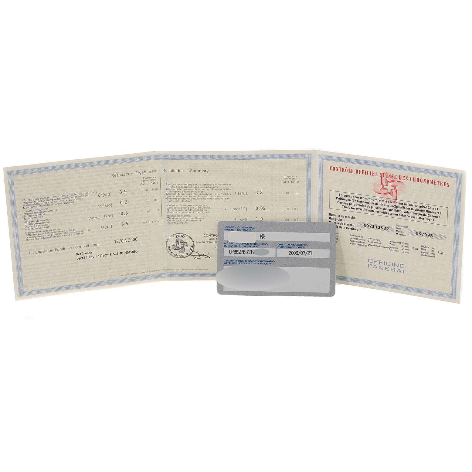 The image shows authentication papers and a warranty card for a Panerai Luminor PAM00241 Men's Stainless Steel Black Dial PAM00241 Men's Stainless Steel Black Dial watch.