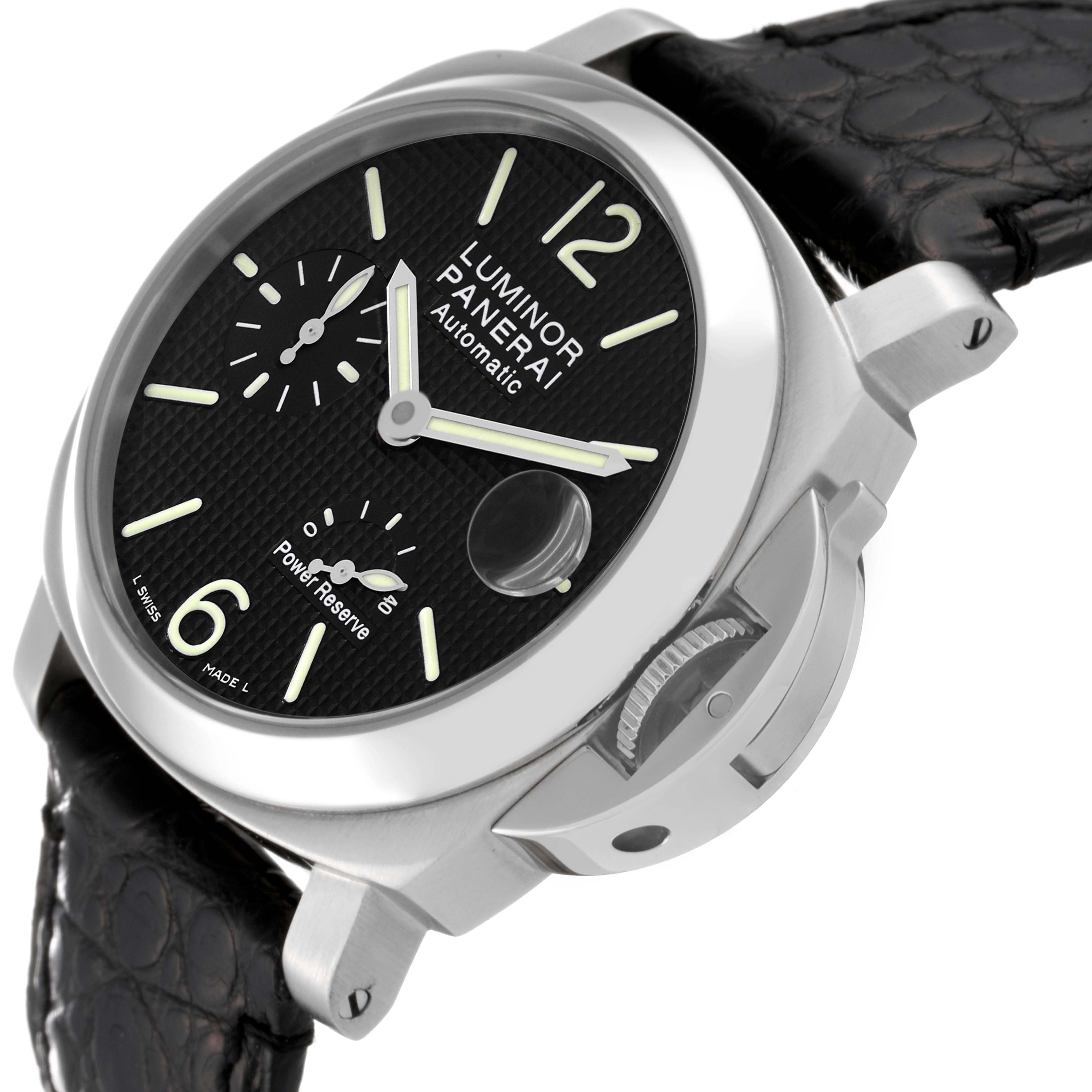 The Panerai Luminor PAM00241 Men's Stainless Steel Black Dial PAM00241 Men's Stainless Steel Black Dial watch is shown at a slight angle displaying the face, crown guard, and black leather strap.