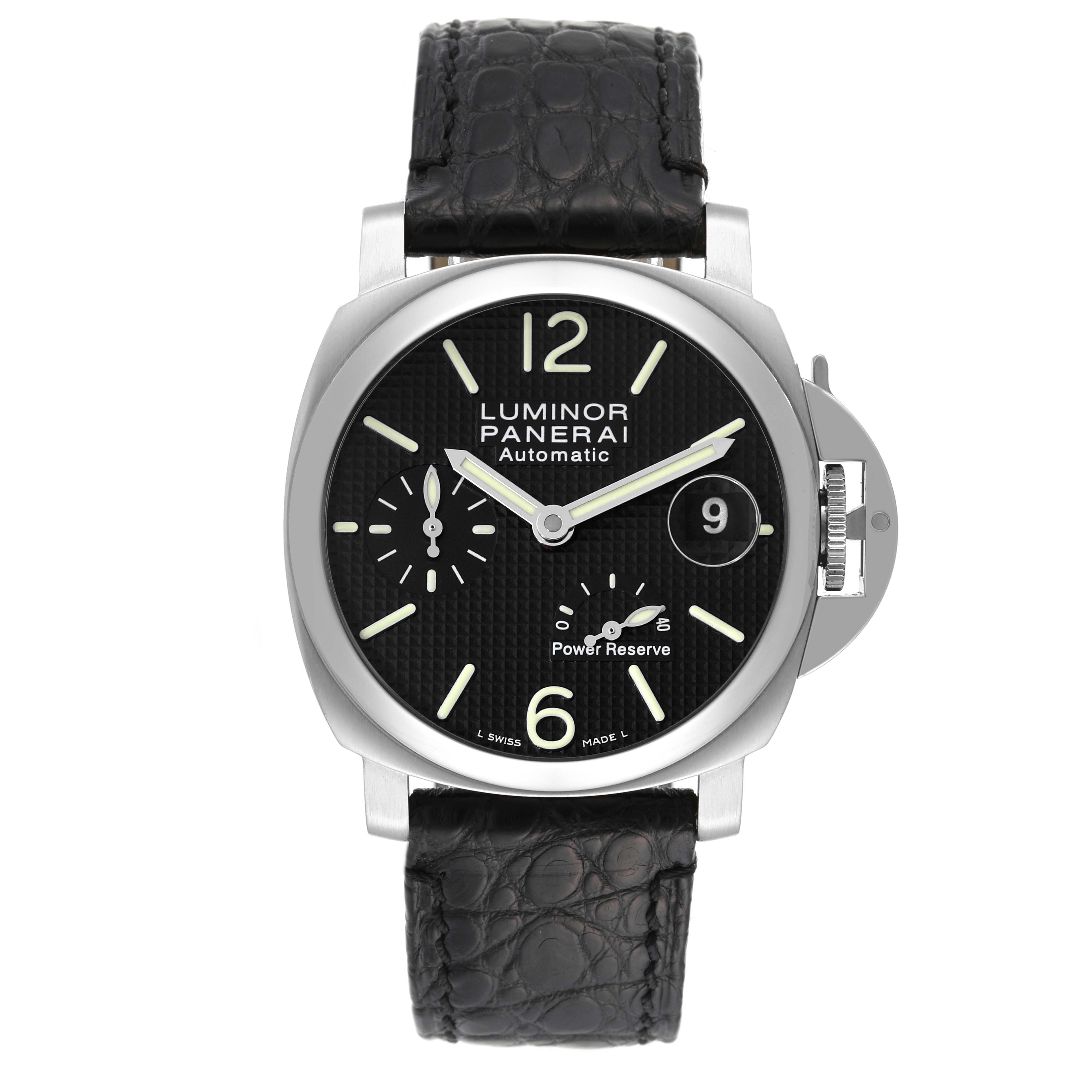 This image shows a front view of the Panerai Luminor PAM00241 Men's Stainless Steel Black Dial PAM00241 Men's Stainless Steel Black Dial watch, highlighting the dial, strap, crown guard, and subdials.