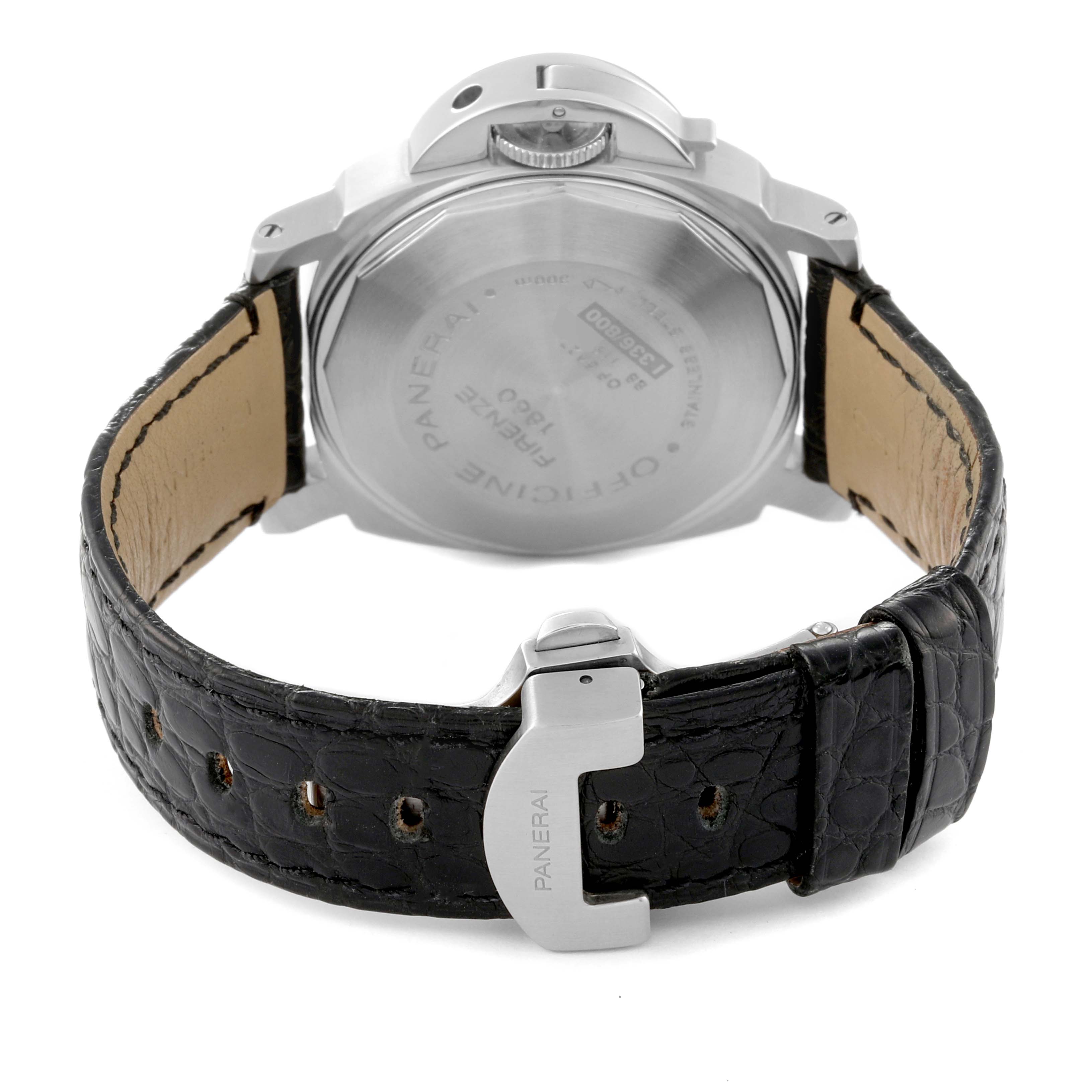 This image shows the back view of a Panerai Luminor PAM00241 Men's Stainless Steel Black Dial PAM00241 Men's Stainless Steel Black Dial watch, focusing on the case back, crown guard, and leather strap with buckle.
