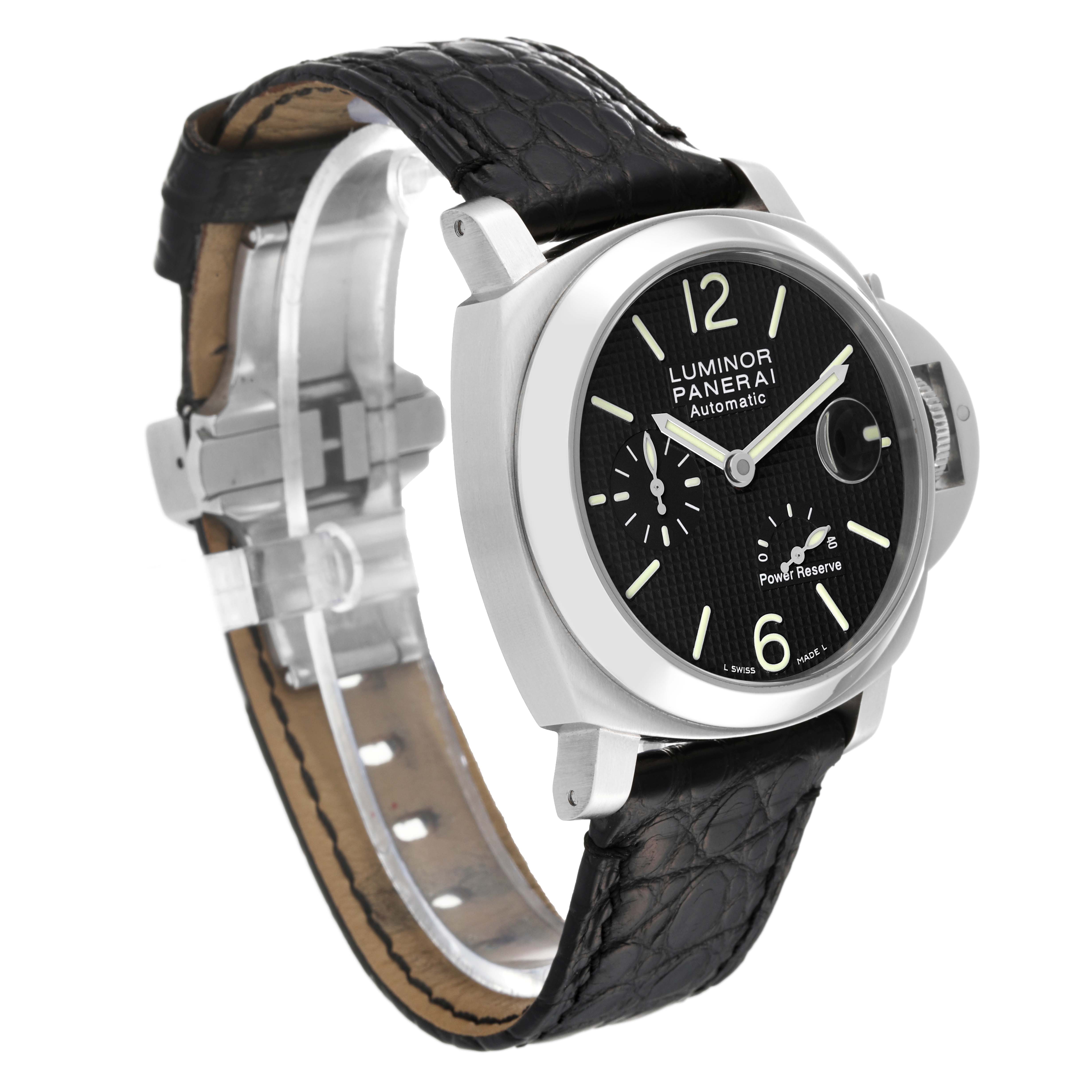 The image shows a Panerai Luminor PAM00241 Men's Stainless Steel Black Dial PAM00241 Men's Stainless Steel Black Dial watch at a three-quarter angle, highlighting its face, black leather strap, and buckle.