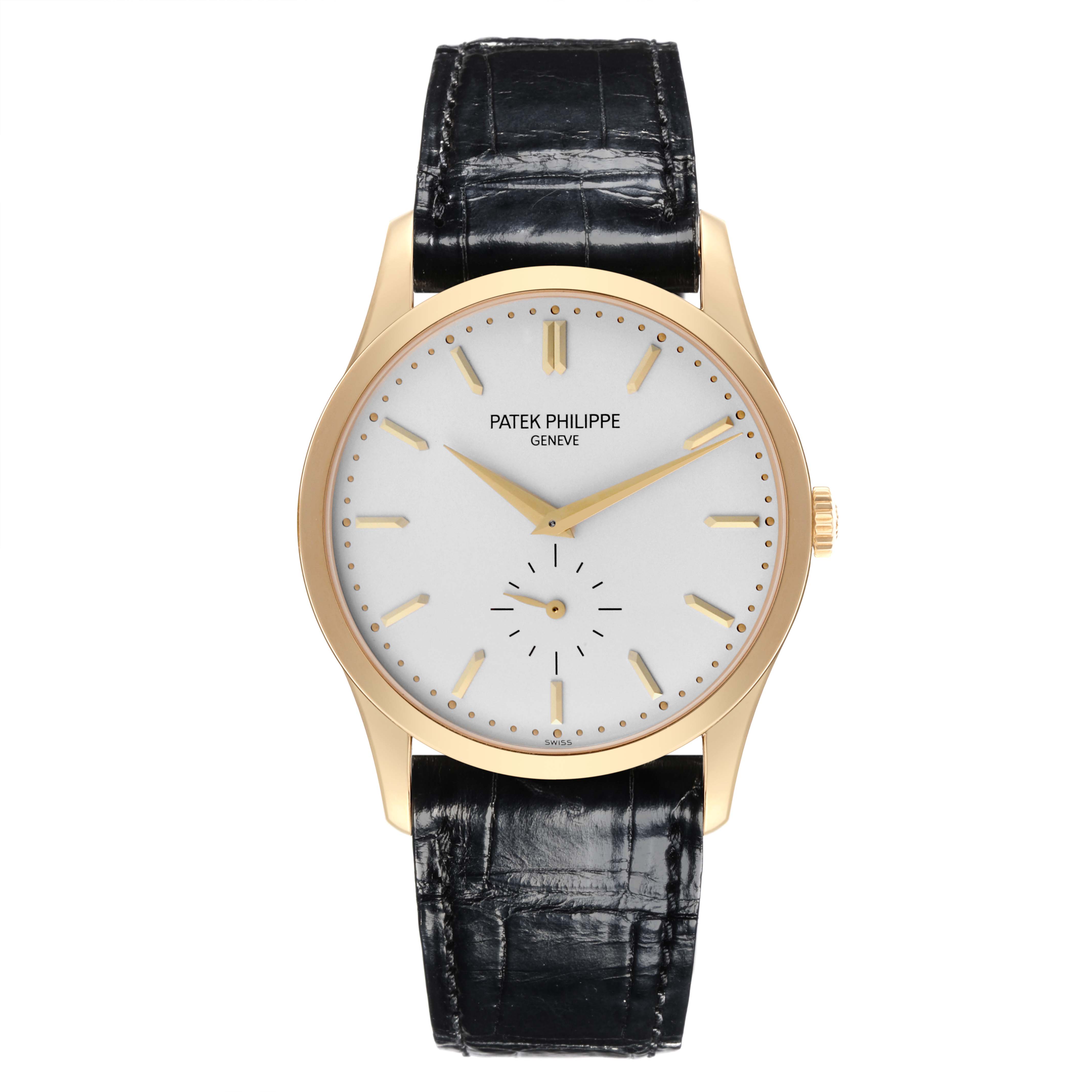 The Patek Philippe Calatrava 5196J Men's Yellow Gold Silver Dial 5196J Men's Yellow Gold Silver Dial watch is shown from the front, highlighting its dial, hands, case, and leather strap.