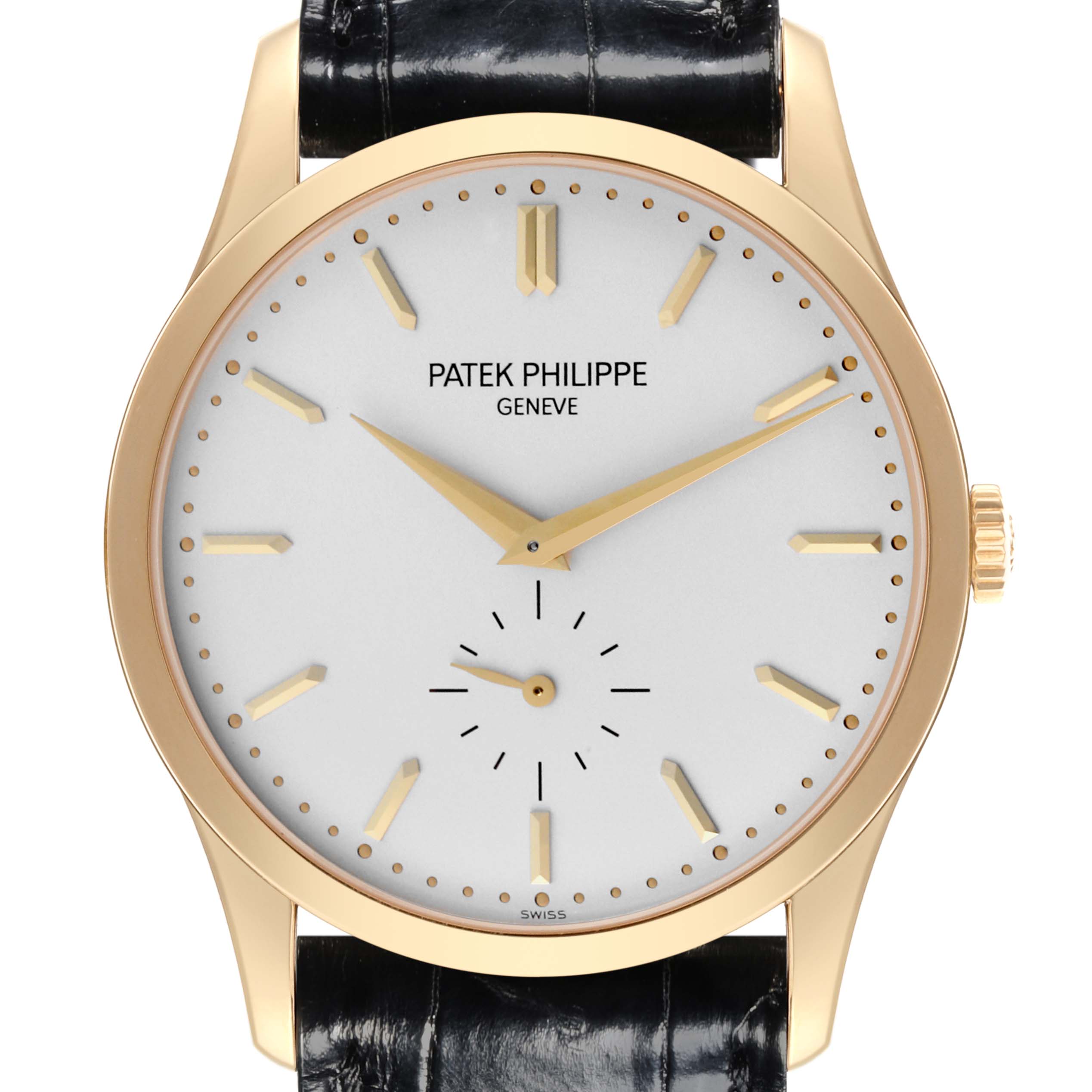 The image shows a front view of the Patek Philippe Calatrava 5196J Men's Yellow Gold Silver Dial 5196J Men's Yellow Gold Silver Dial watch, featuring its dial, hands, and black leather strap.