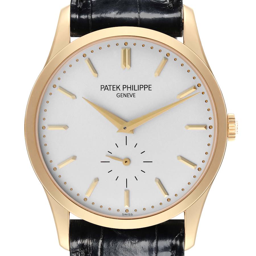 The image shows a front view of the Patek Philippe Calatrava watch, featuring its dial, hands, and black leather strap.