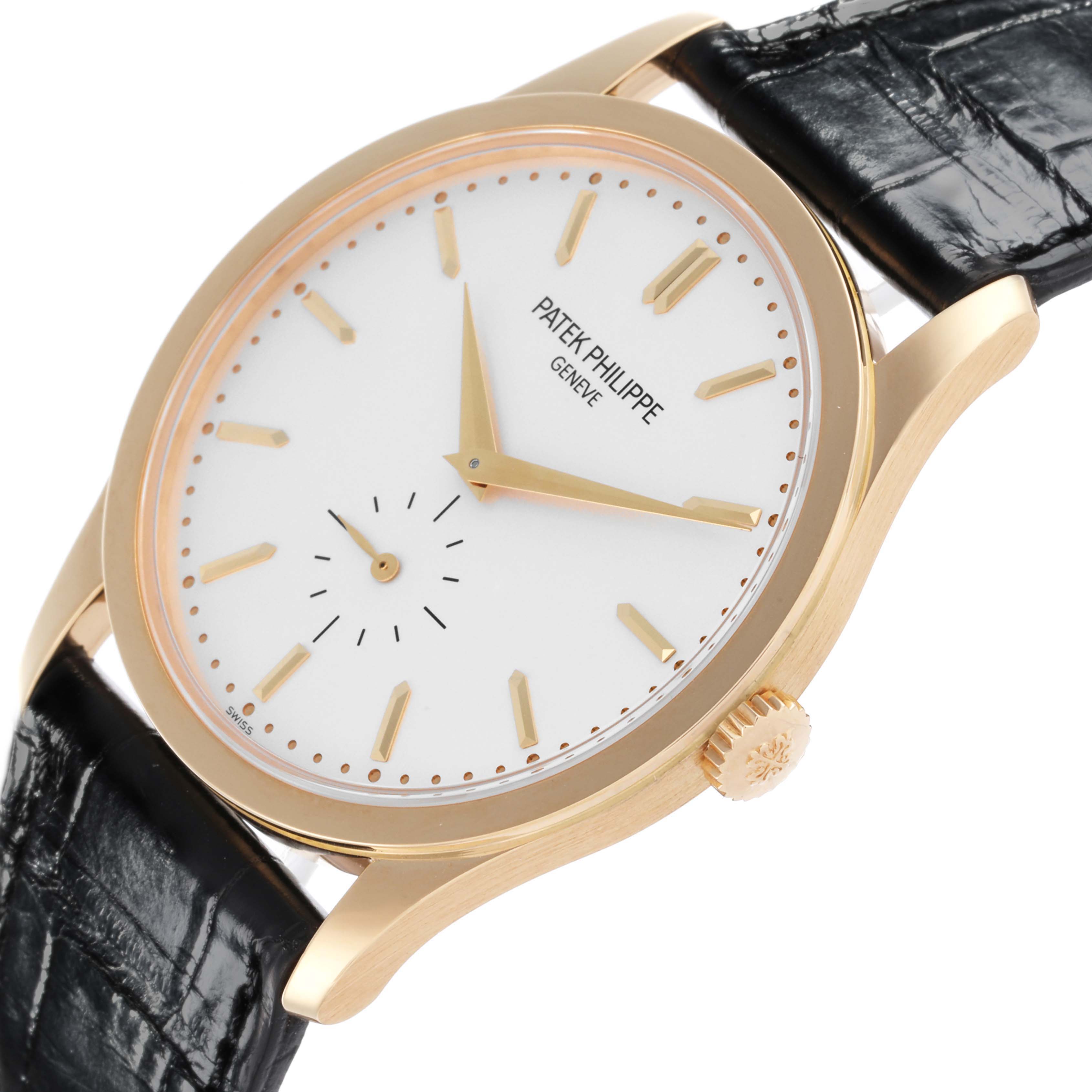This Patek Philippe Calatrava 5196J Men's Yellow Gold Silver Dial 5196J Men's Yellow Gold Silver Dial watch is shown from a side angle, displaying the dial, crown, and leather strap.