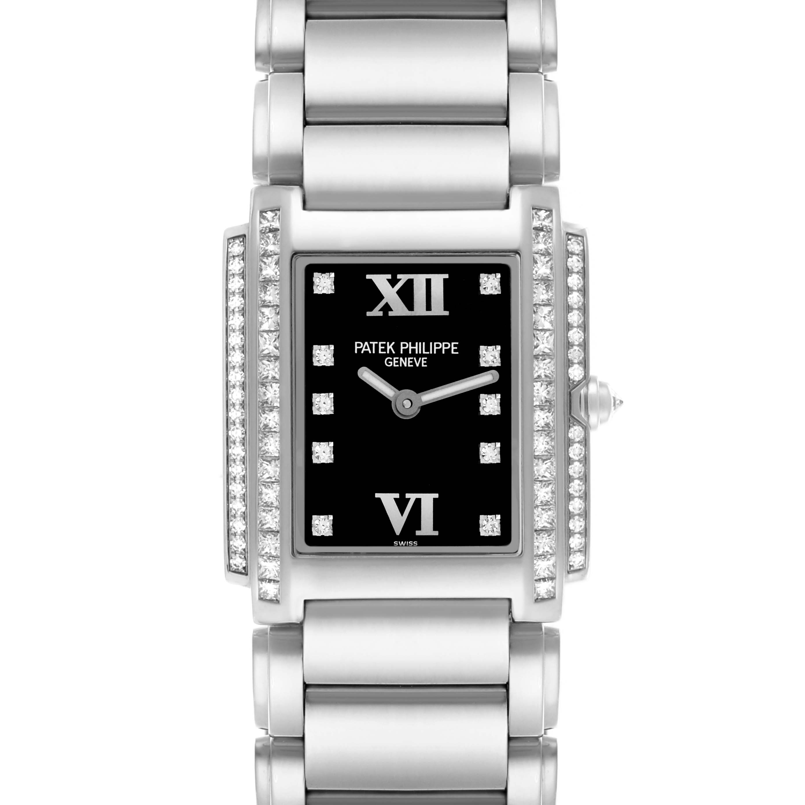 The Patek Philippe Twenty-4 4910/20G-011 Women's White Gold Black Dial 4910/20G-011 Women's White Gold Black Dial watch is shown from the front, highlighting the rectangular face and diamond-set bezel.