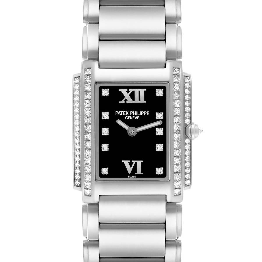 The Patek Philippe Twenty-4 watch is shown from the front, highlighting the rectangular face and diamond-set bezel.