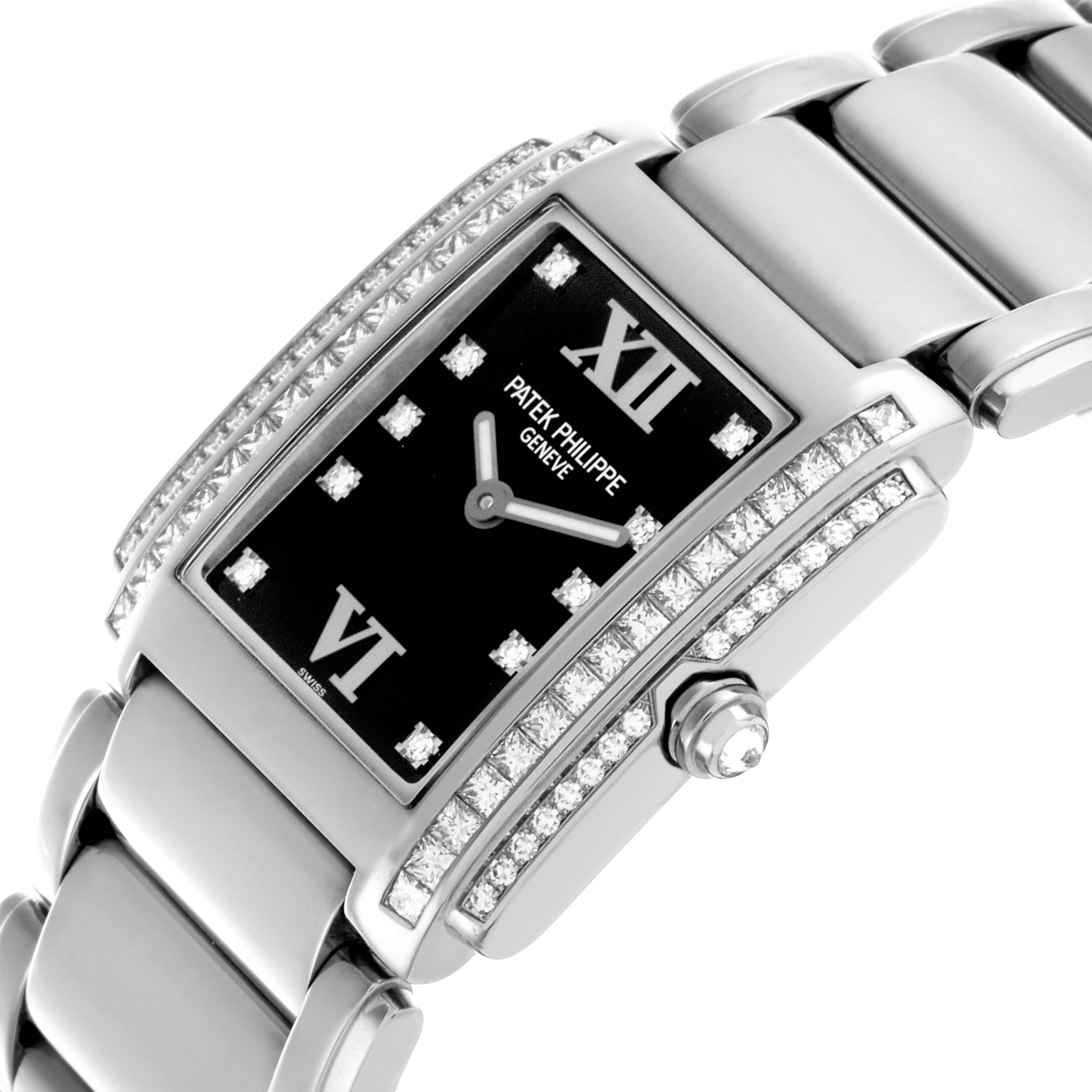 The Patek Philippe Twenty-4 4910/20G-011 Women's White Gold Black Dial 4910/20G-011 Women's White Gold Black Dial watch is shown at a side angle, displaying the case, bracelet, crown, and diamond accents.