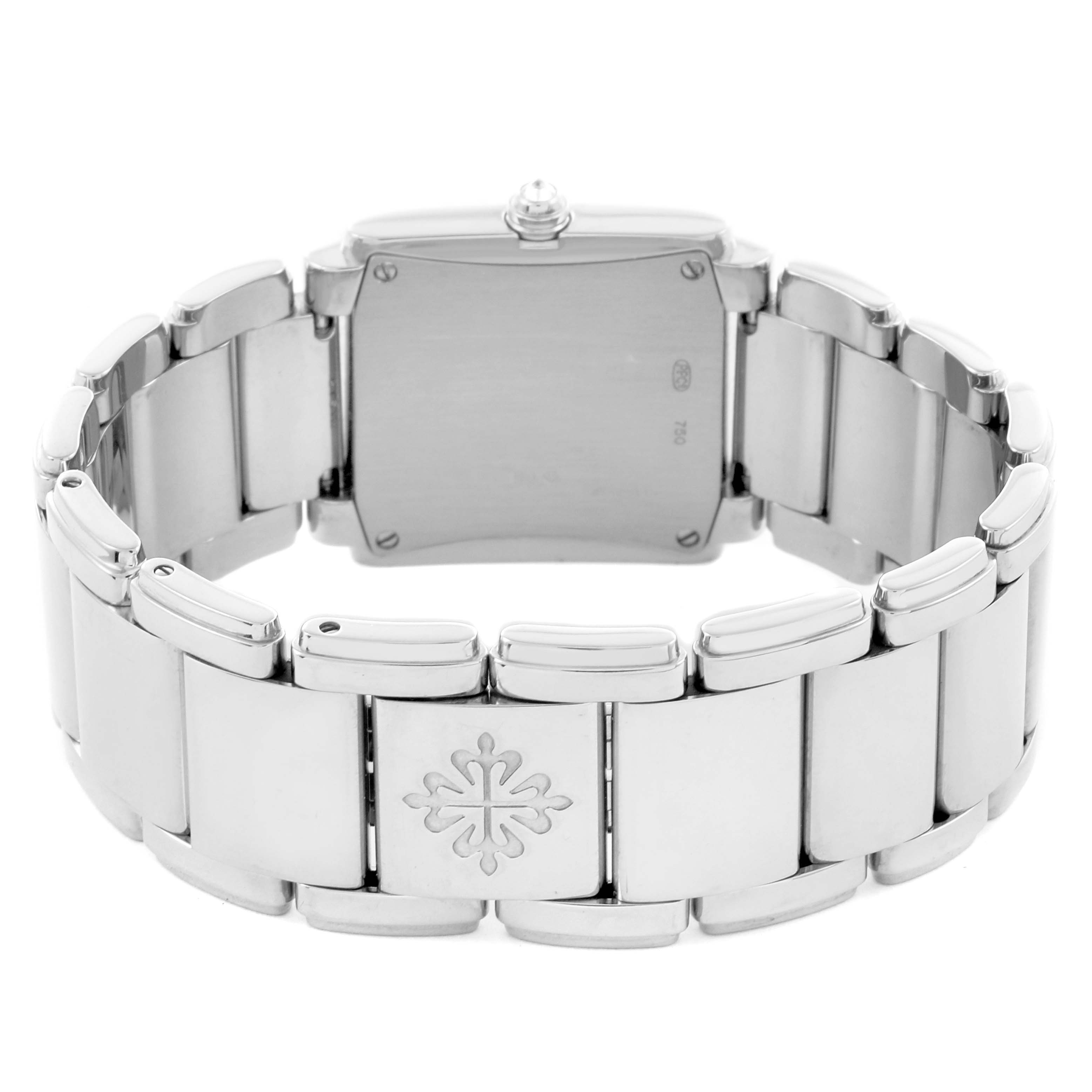 The image shows the back and bracelet of the Patek Philippe Twenty-4 4910/20G-011 Women's White Gold Black Dial 4910/20G-011 Women's White Gold Black Dial watch.