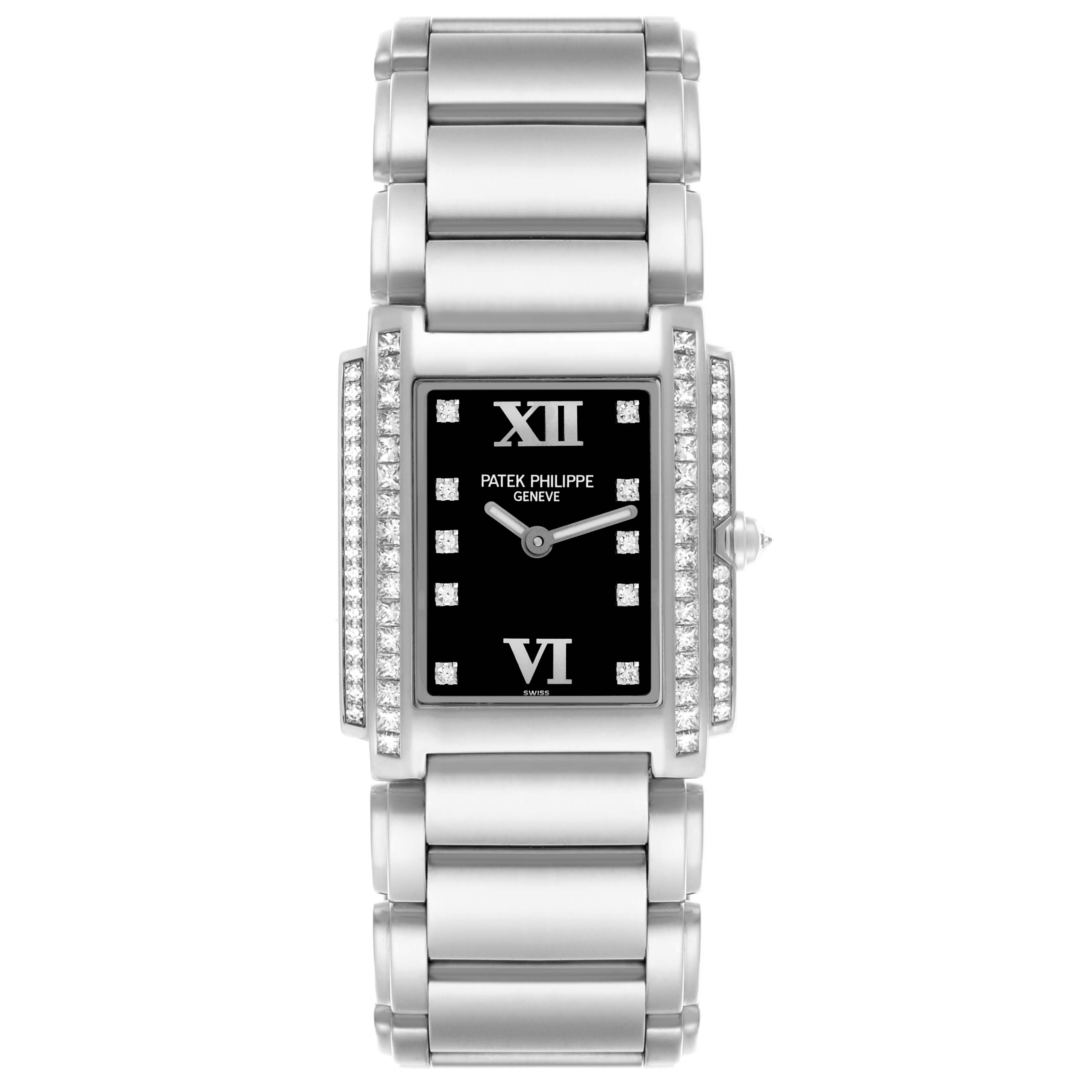 The Patek Philippe Twenty-4 4910/20G-011 Women's White Gold Black Dial 4910/20G-011 Women's White Gold Black Dial watch is shown from a top view displaying the dial, bezel, and bracelet clearly.
