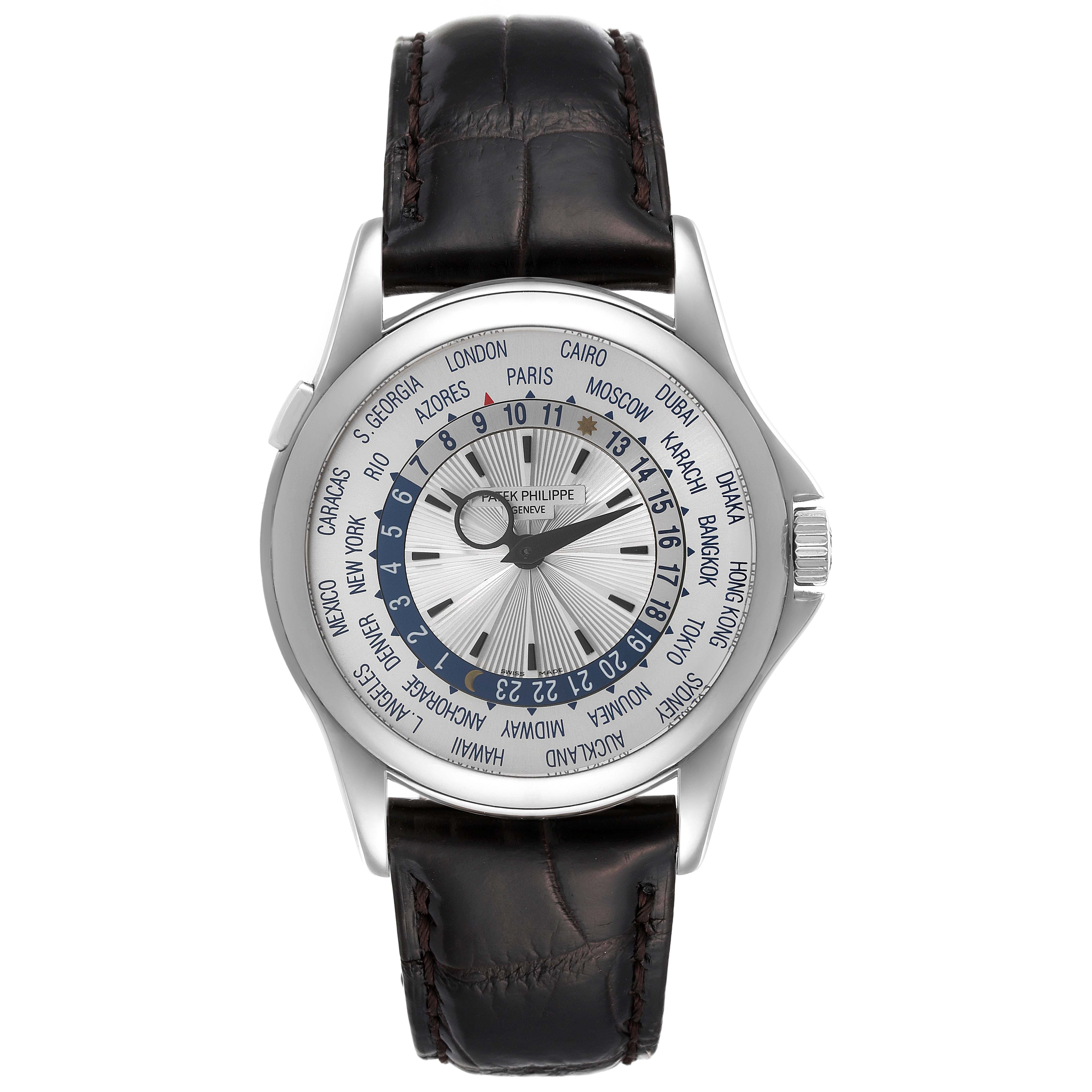 The image shows a front view of the Patek Philippe Complications 5130G Men's White Gold Silver Dial 5130G Men's White Gold Silver Dial watch, displaying the dial and leather strap.
