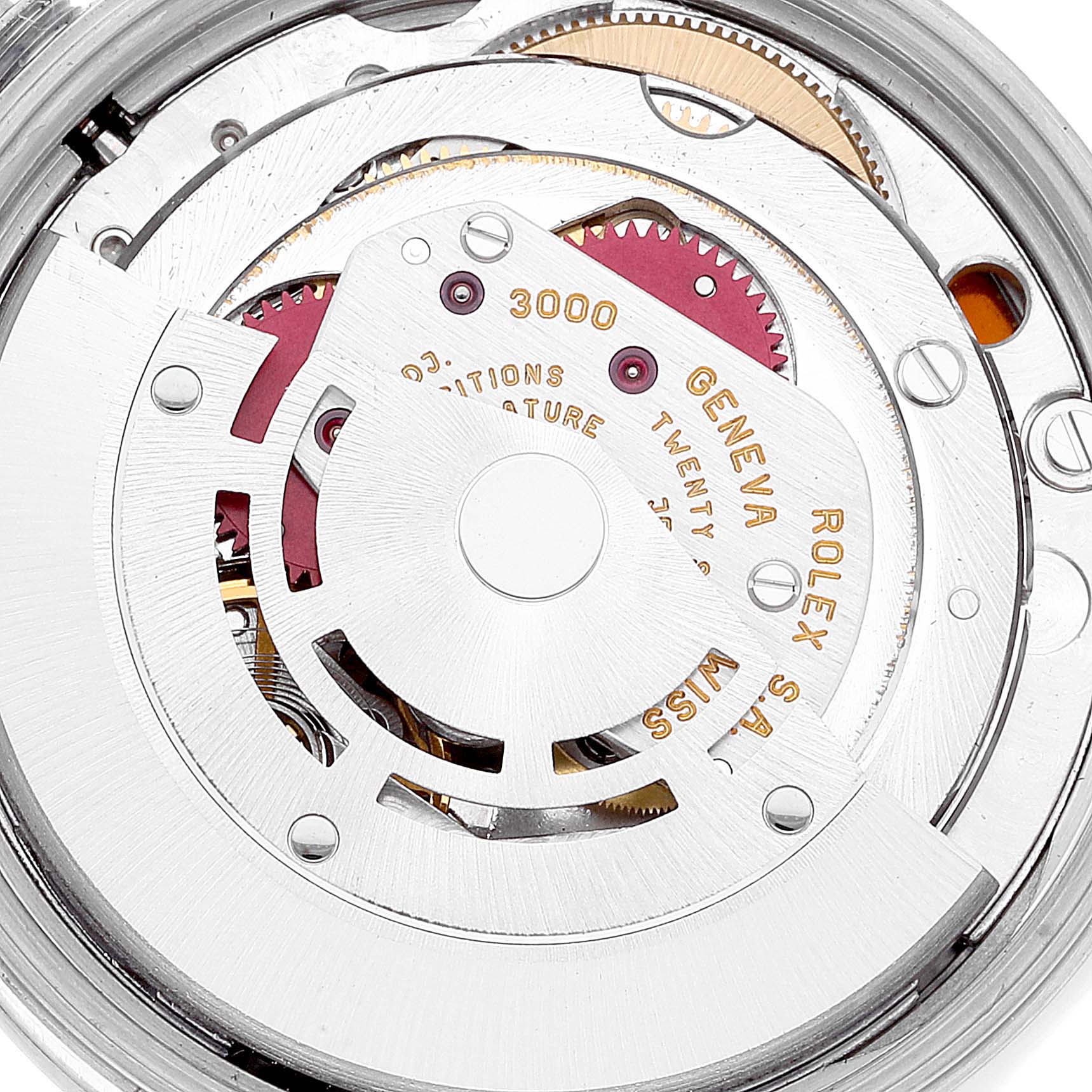 This is a close-up of the internal mechanism of a Rolex Air-King 14000 Men's Stainless Steel Blue Dial 14000 Men's Stainless Steel Blue Dial watch, showing the rotor and gears.