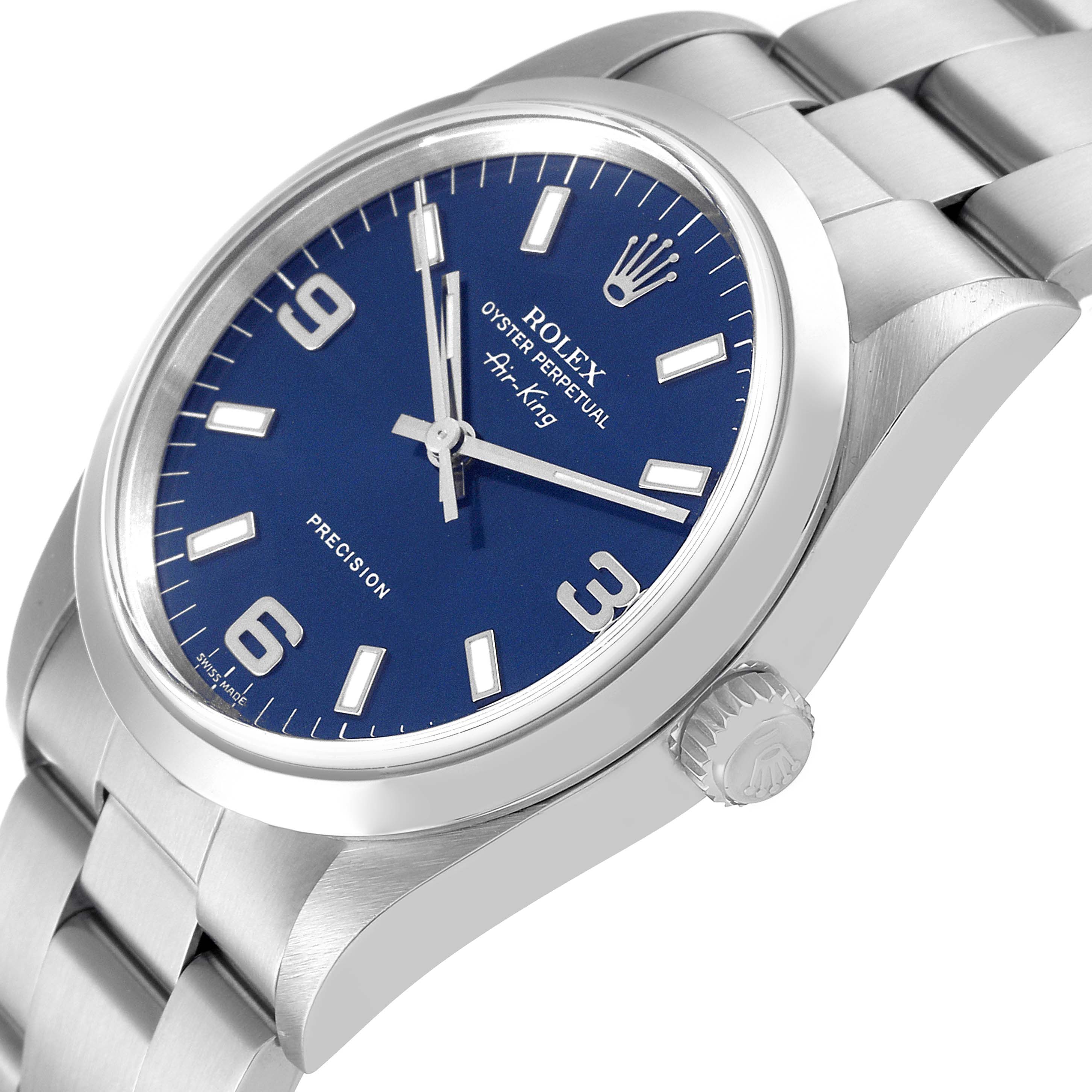 This image shows a side angle of a Rolex Air-King 14000 Men's Stainless Steel Blue Dial 14000 Men's Stainless Steel Blue Dial watch, highlighting its blue dial, crown, and metal bracelet.
