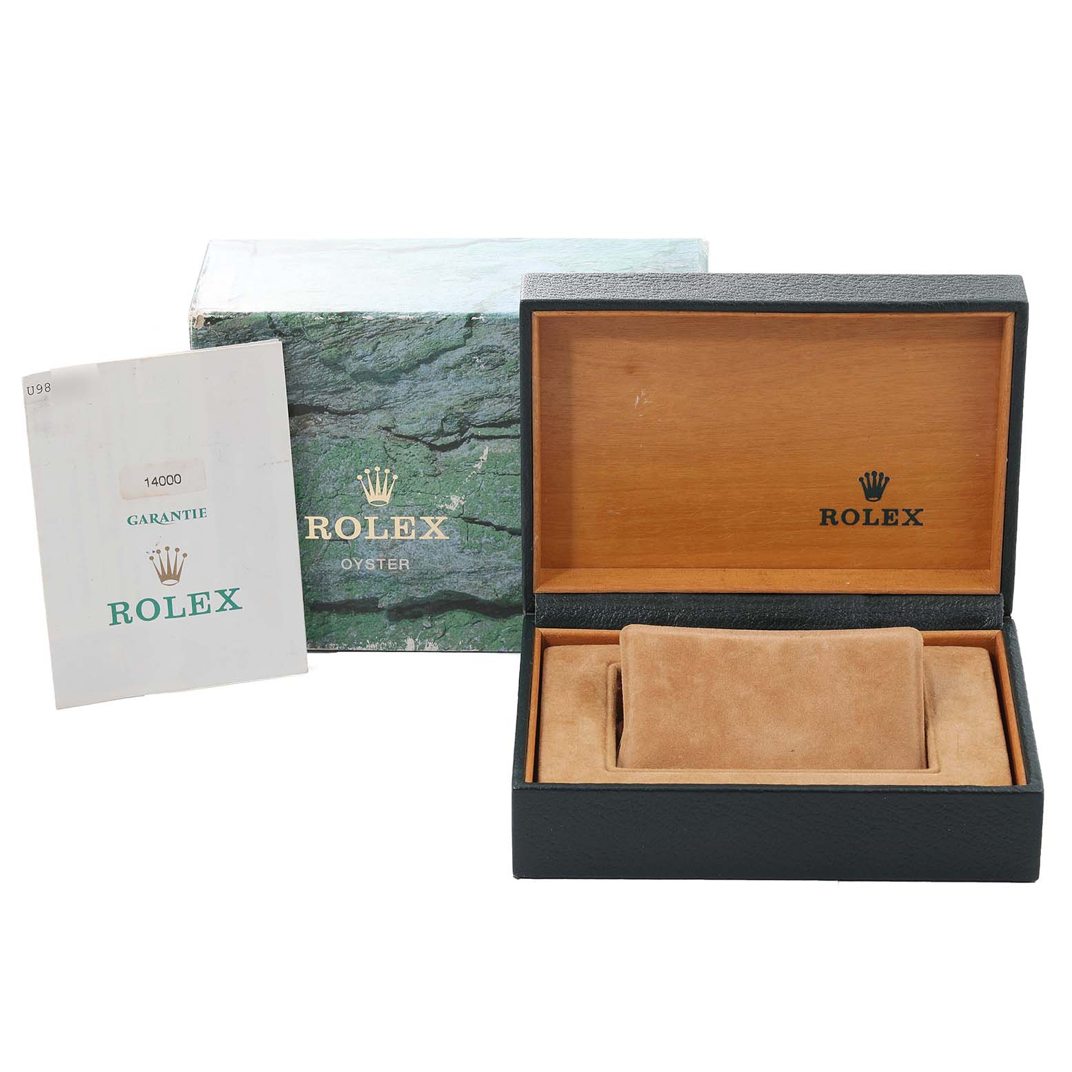 The image shows the packaging, warranty card, and box of the Rolex Air-King 14000 Men's Stainless Steel Blue Dial 14000 Men's Stainless Steel Blue Dial watch.