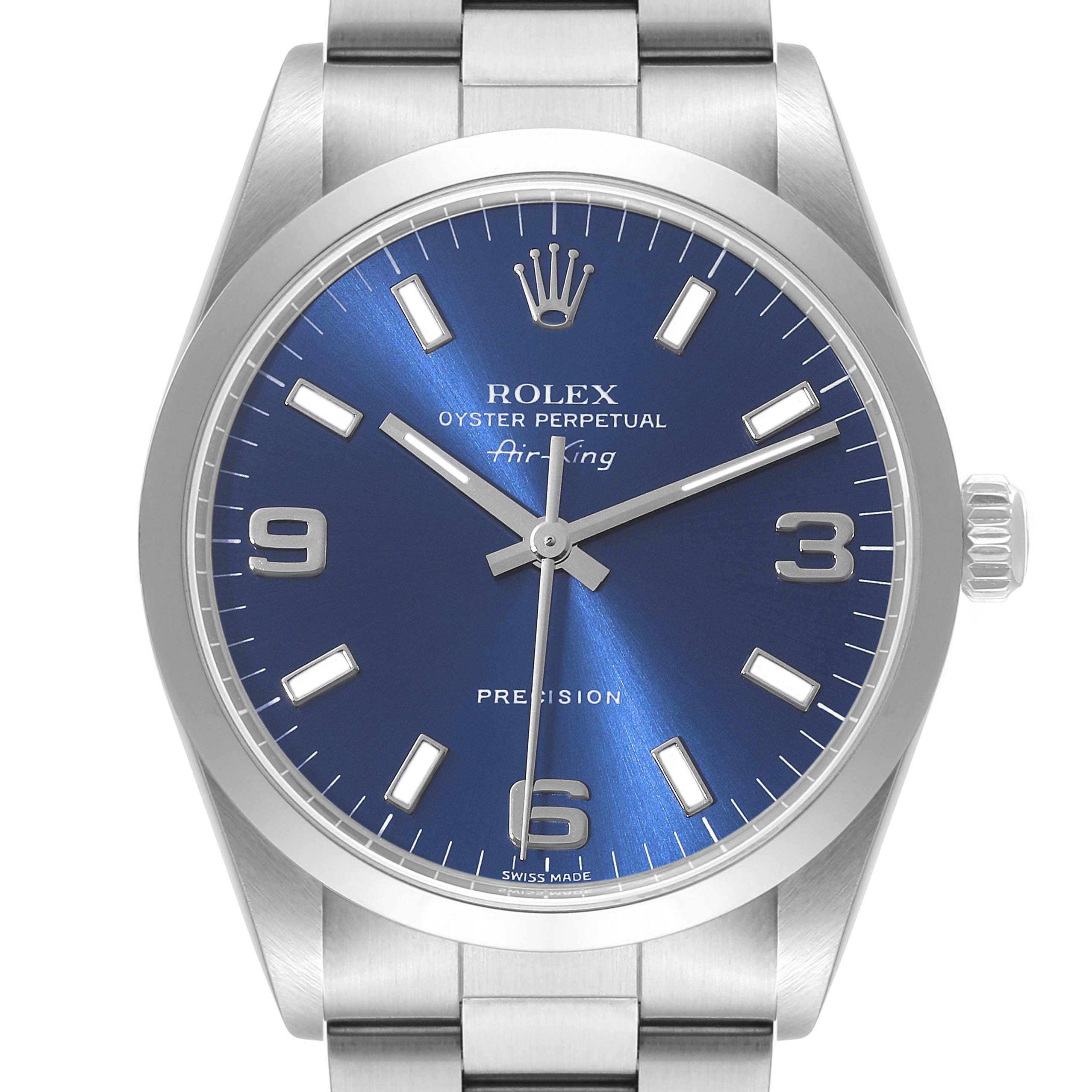 The image shows a front view of a Rolex Air-King 14000 Men's Stainless Steel Blue Dial 14000 Men's Stainless Steel Blue Dial watch highlighting its blue dial and stainless steel bracelet.