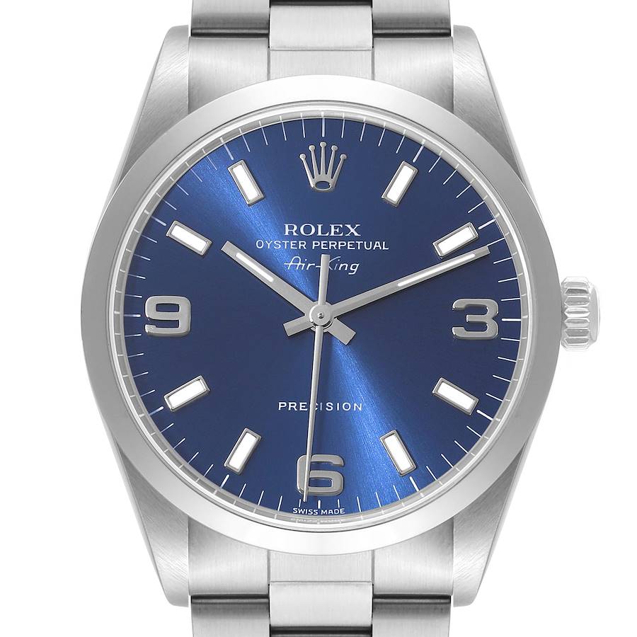Rolex Air King 34mm Blue Dial Smooth Bezel Steel Mens Watch 14000 Box Papers SwissWatchExpo