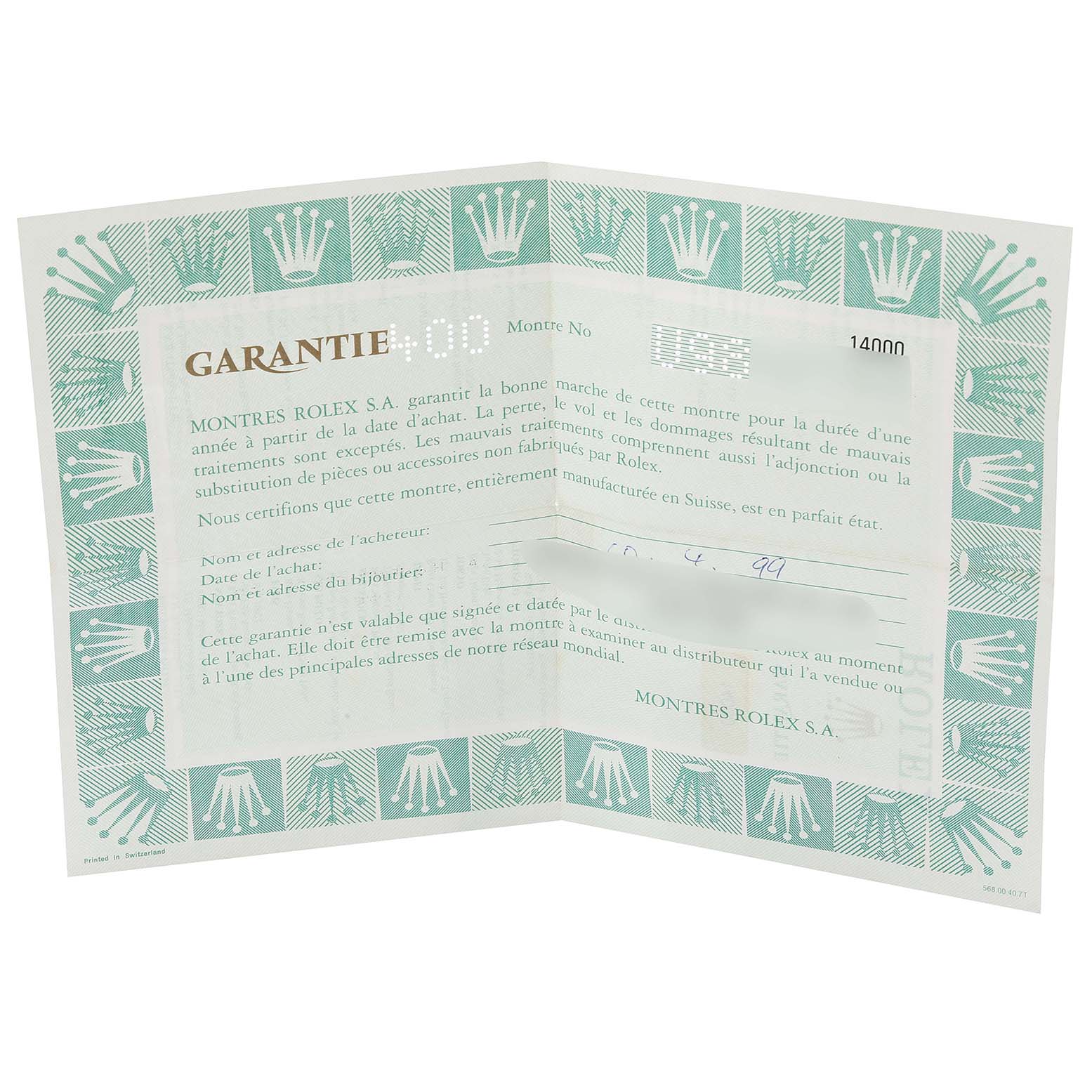 This image shows the warranty certificate for the Rolex Air-King 14000 Men's Stainless Steel Blue Dial 14000 Men's Stainless Steel Blue Dial model.