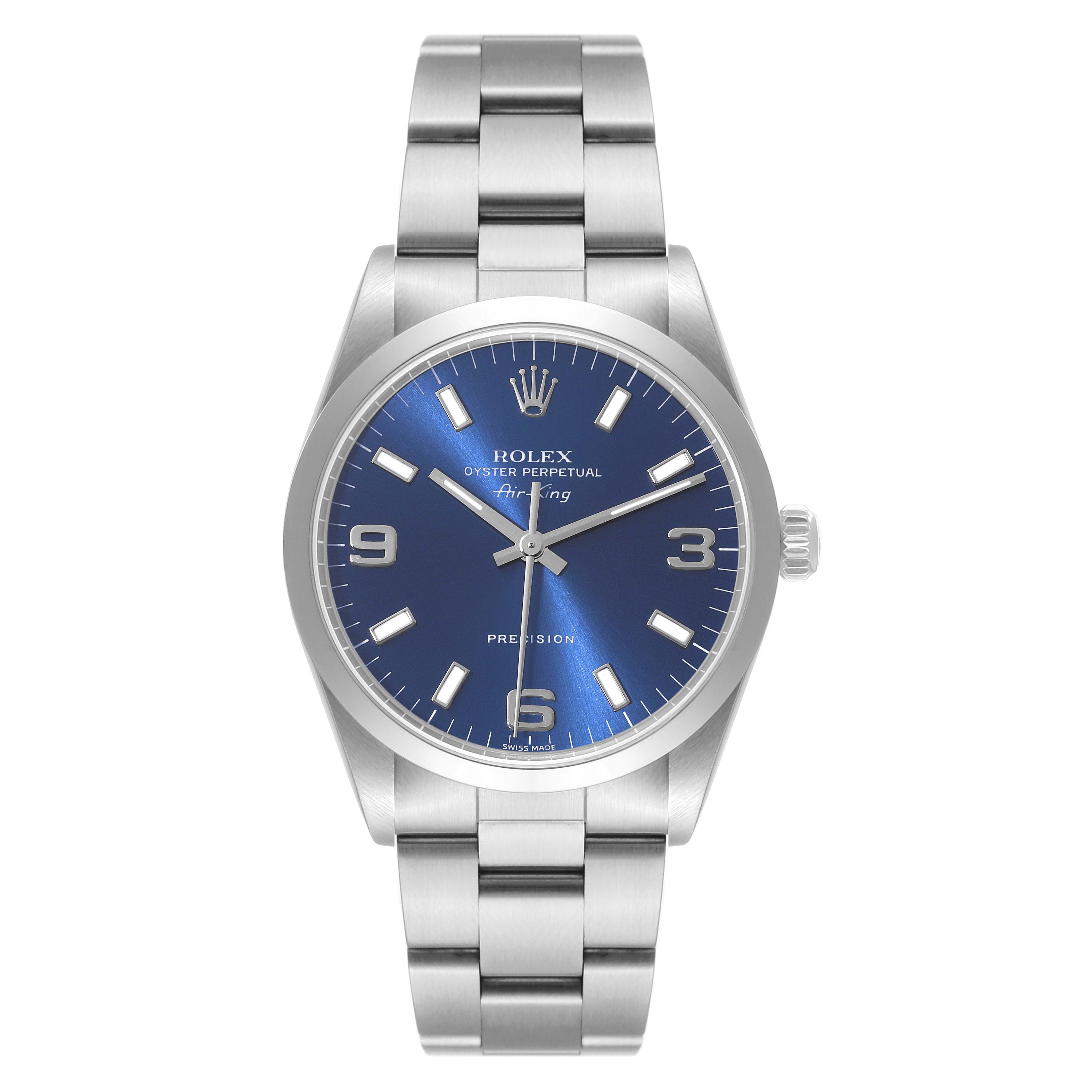 The image shows a front view of a Rolex Air-King 14000 Men's Stainless Steel Blue Dial 14000 Men's Stainless Steel Blue Dial watch, displaying the blue dial, hands, markers, and stainless steel bracelet.