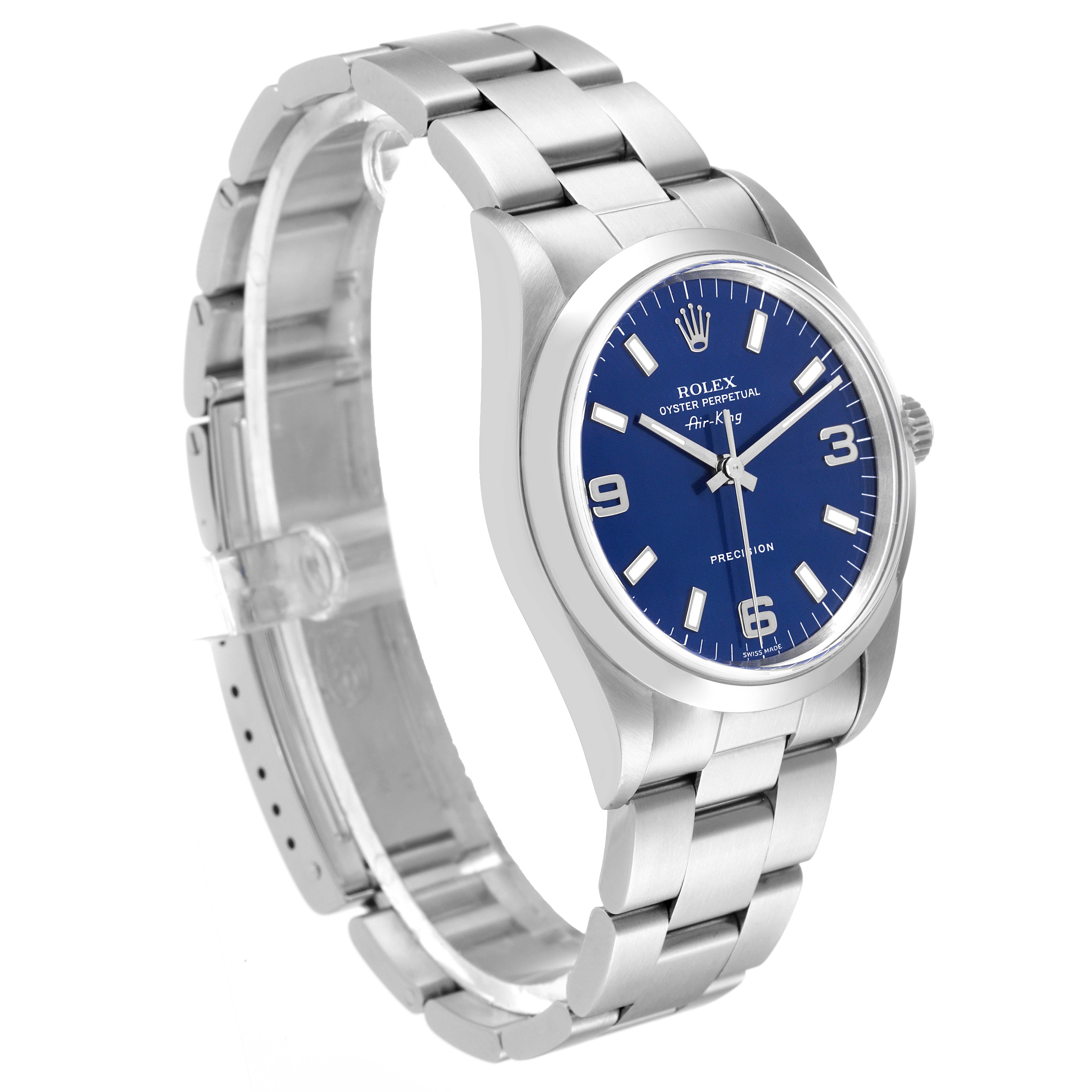The Rolex Air-King 14000 Men's Stainless Steel Blue Dial 14000 Men's Stainless Steel Blue Dial watch is shown at a slight side angle, displaying the face, bezel, crown, and bracelet.