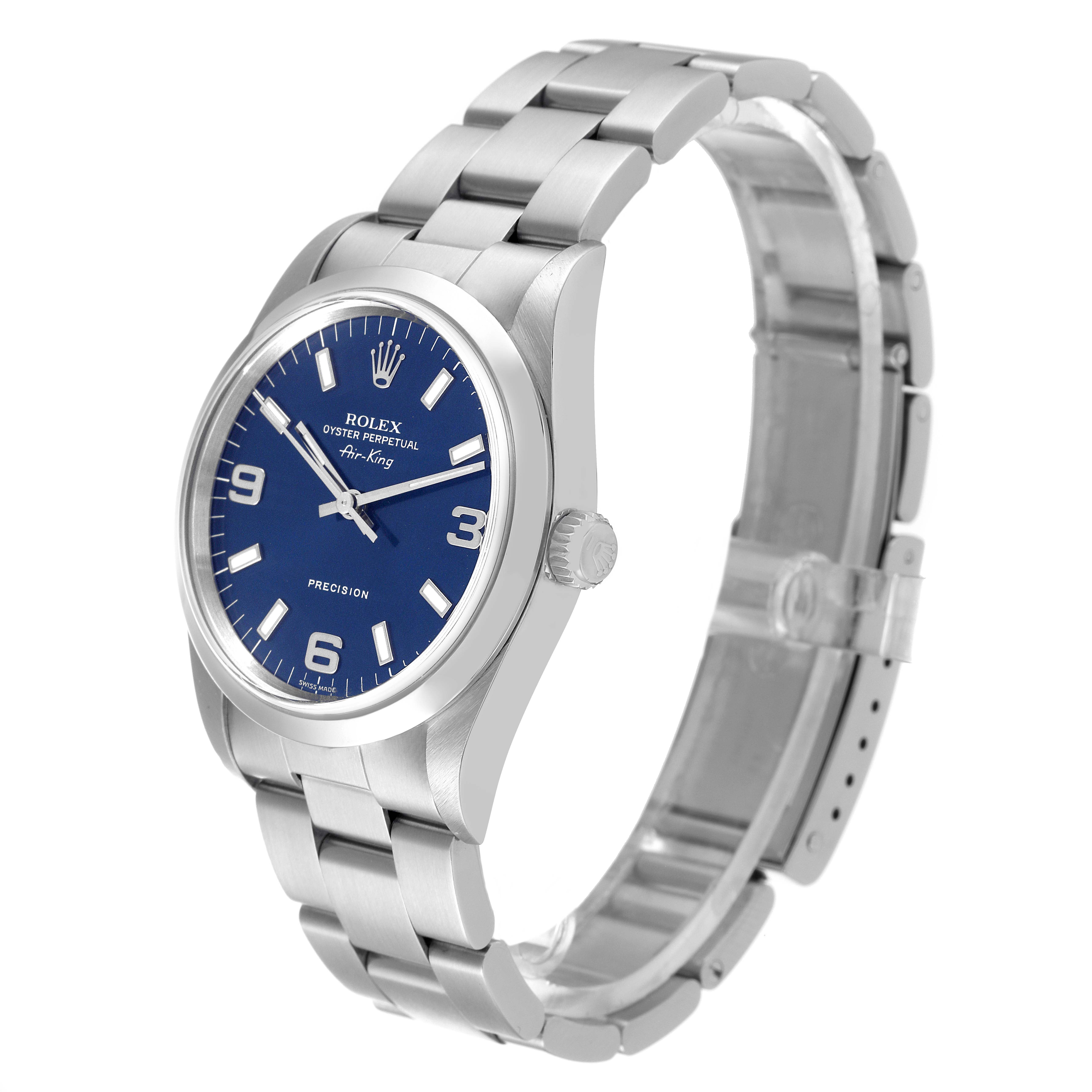 The Rolex Air-King 14000 Men's Stainless Steel Blue Dial 14000 Men's Stainless Steel Blue Dial watch is shown at a slight angle, displaying the face, crown, and bracelet.