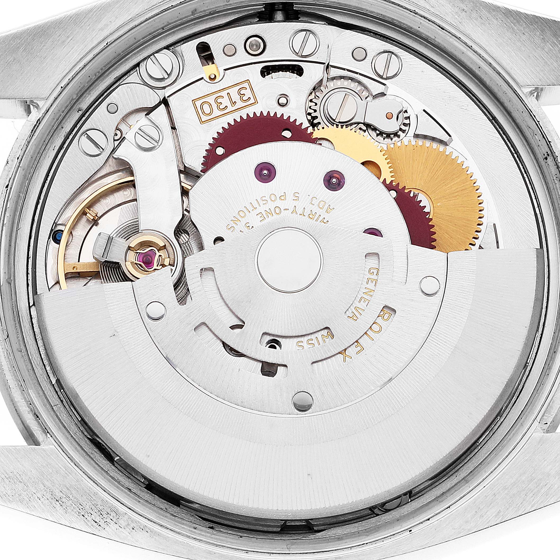 This image shows the movement and internal mechanisms of a Rolex Air-King 114200 Men's Stainless Steel Silver Dial 114200 Men's Stainless Steel Silver Dial watch from the back.