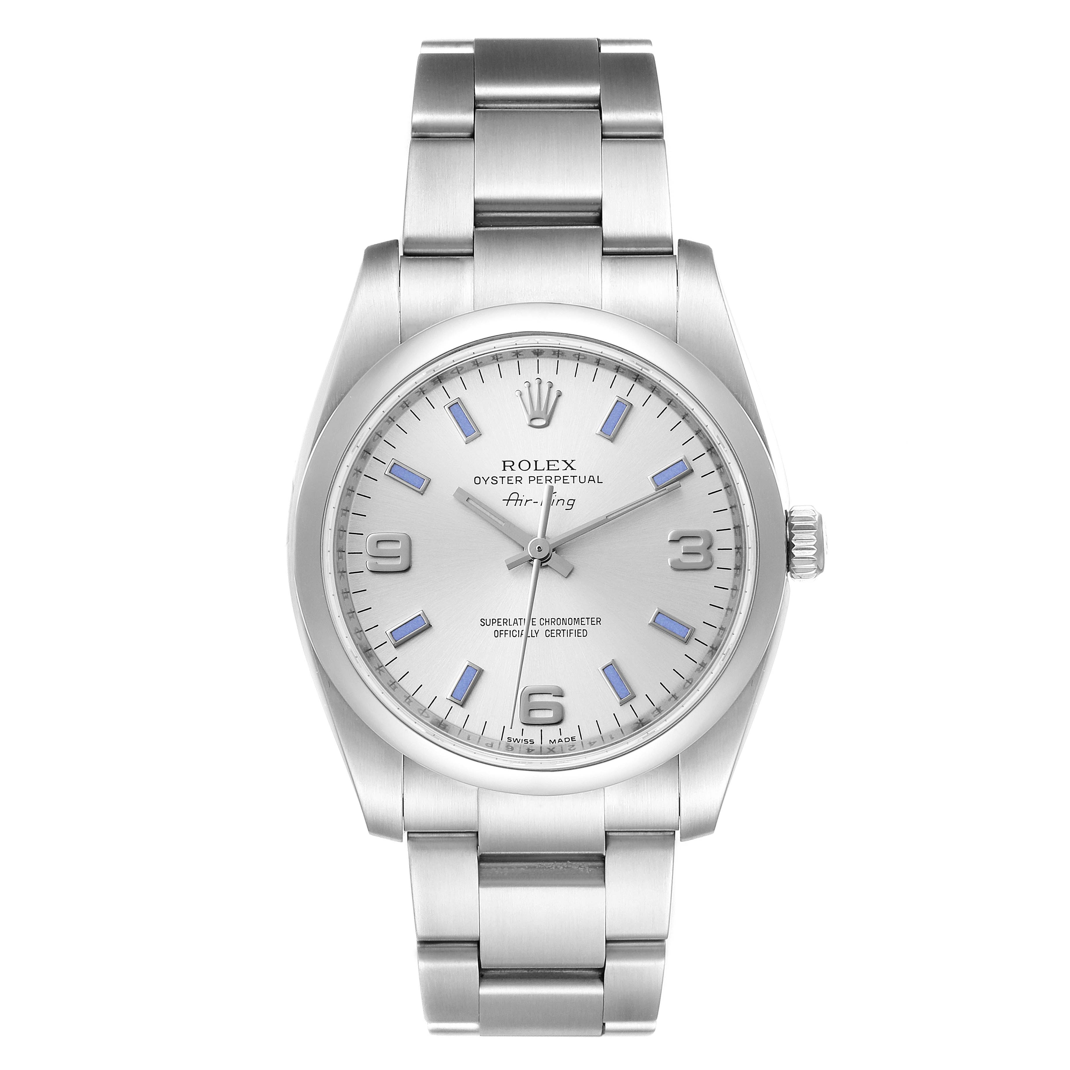 The image shows a front view of the Rolex Air-King 114200 Men's Stainless Steel Silver Dial 114200 Men's Stainless Steel Silver Dial watch, highlighting its dial, bezel, and bracelet.