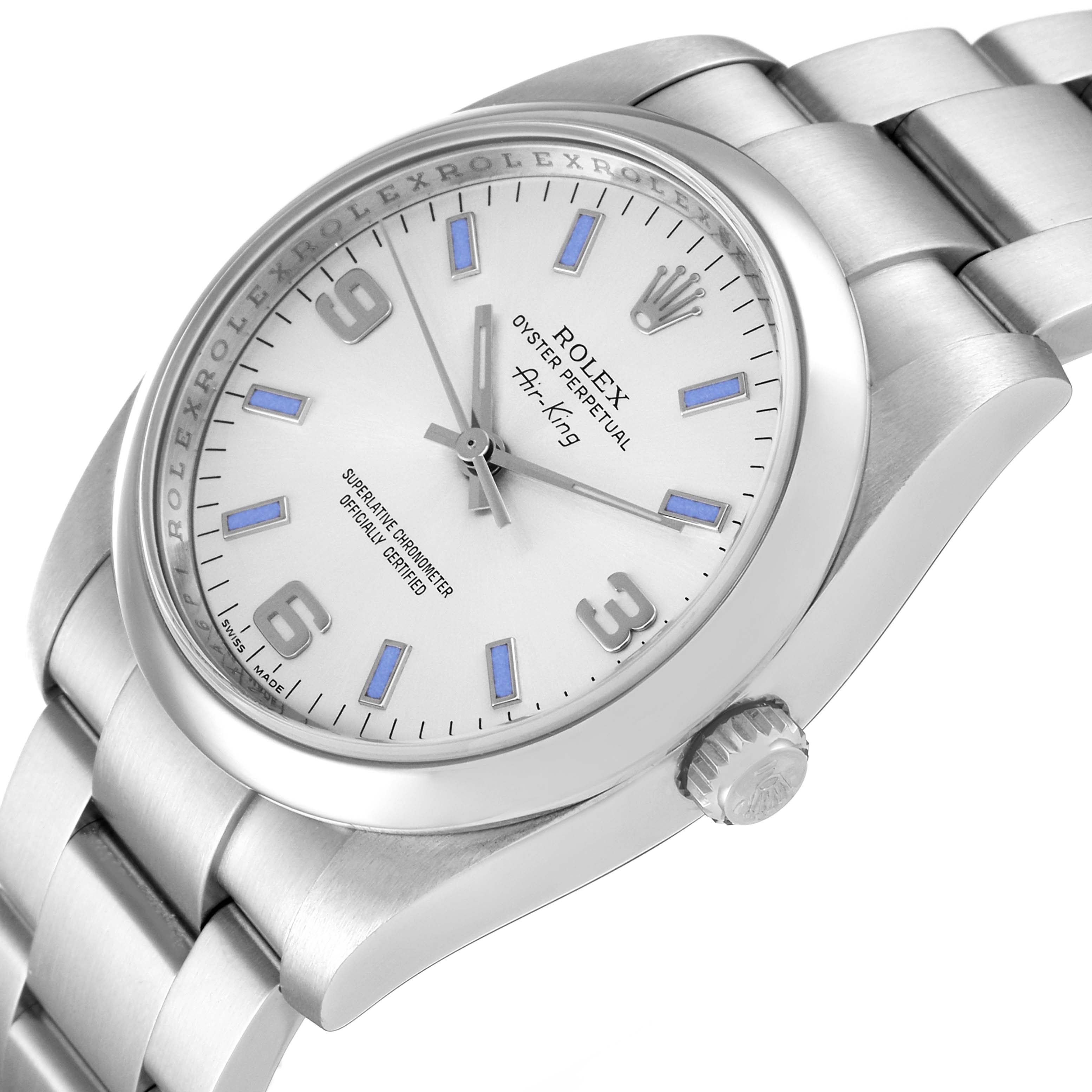 This image shows a side view of the Rolex Air-King 114200 Men's Stainless Steel Silver Dial 114200 Men's Stainless Steel Silver Dial watch, highlighting its face, bezel, bracelet, and crown.