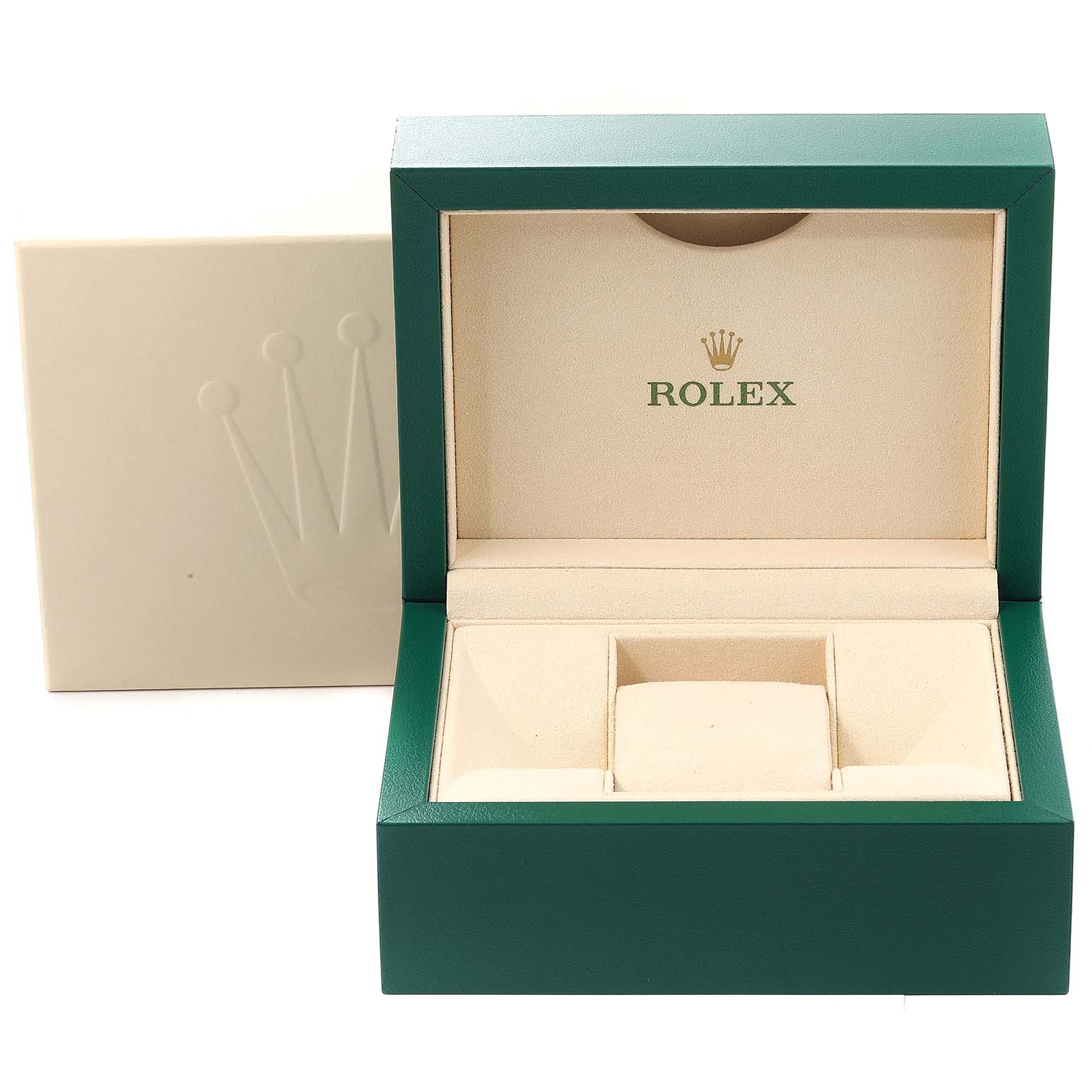 The image shows an open Rolex watch box for the Air-King model, featuring a green exterior and beige interior.