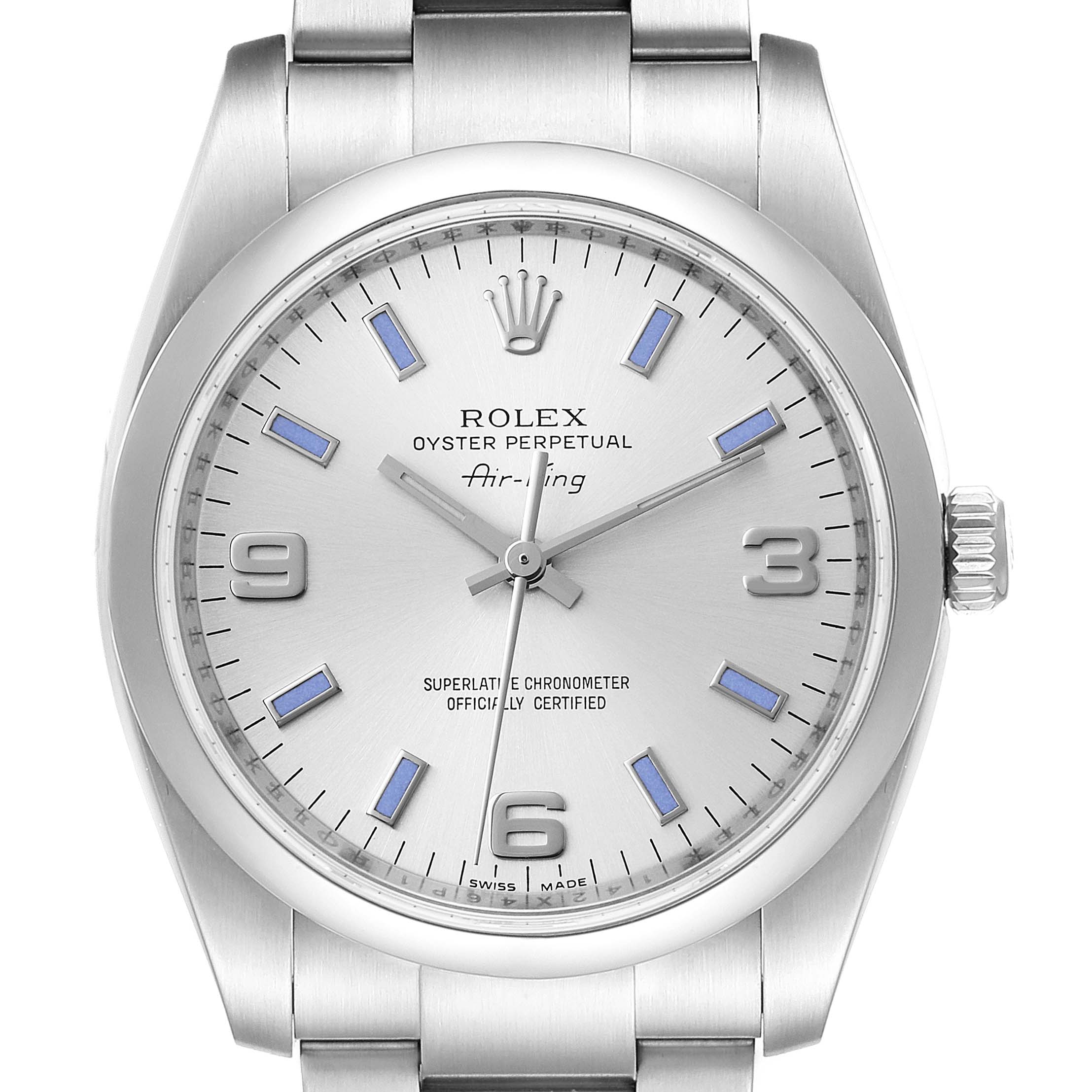 The image shows a front view of the Rolex Air-King 114200 Men's Stainless Steel Silver Dial 114200 Men's Stainless Steel Silver Dial watch, displaying the dial, hands, crown, and part of the bracelet.