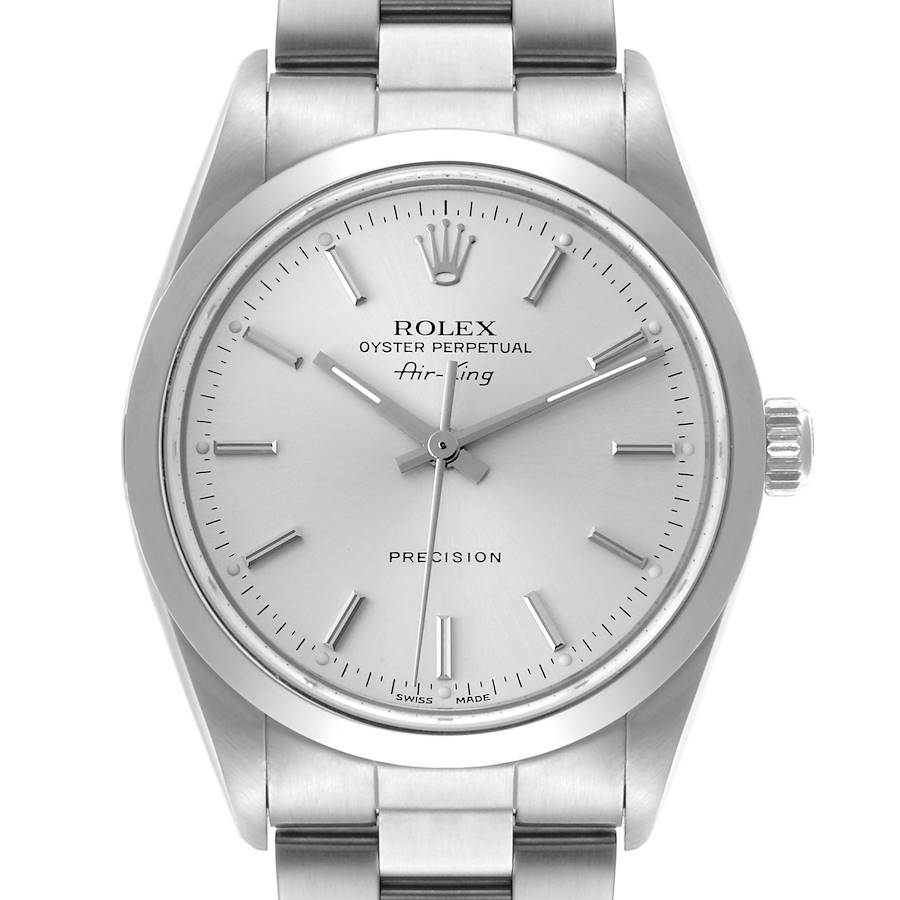 The Rolex Air-King watch is shown from a front-facing angle, displaying the dial, hands, bezel, and part of the bracelet.