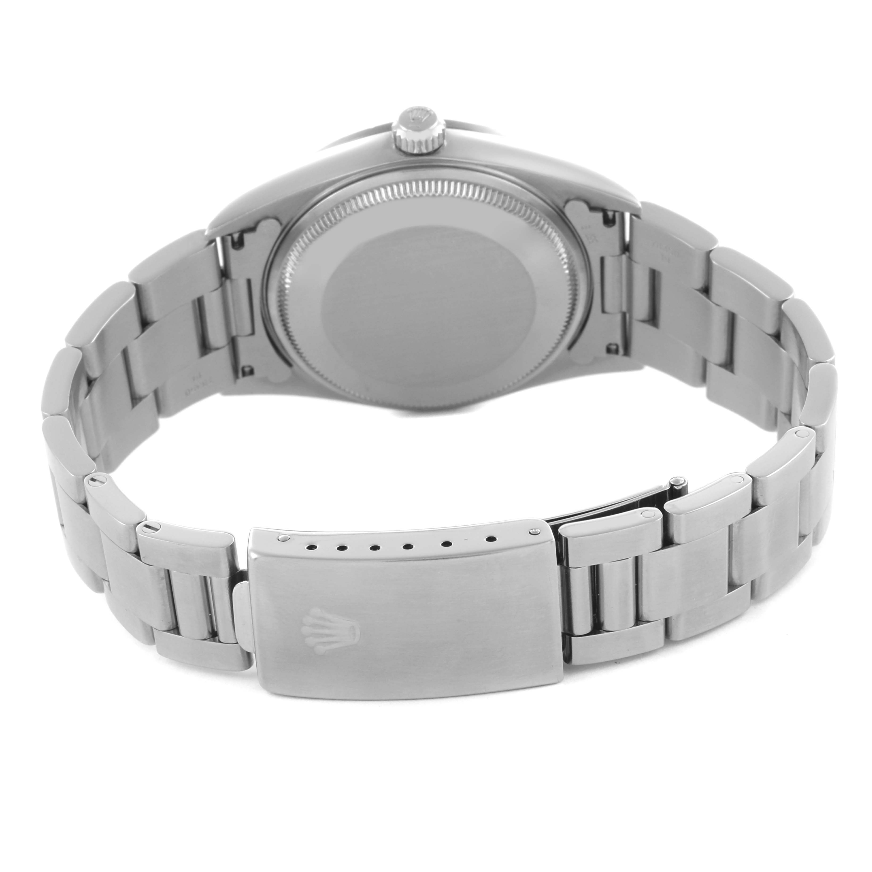 The image shows the back view of the Rolex Air-King 14000M Men's Stainless Steel Silver Dial 14000M Men's Stainless Steel Silver Dial watch, focusing on the case back and metal bracelet clasp.