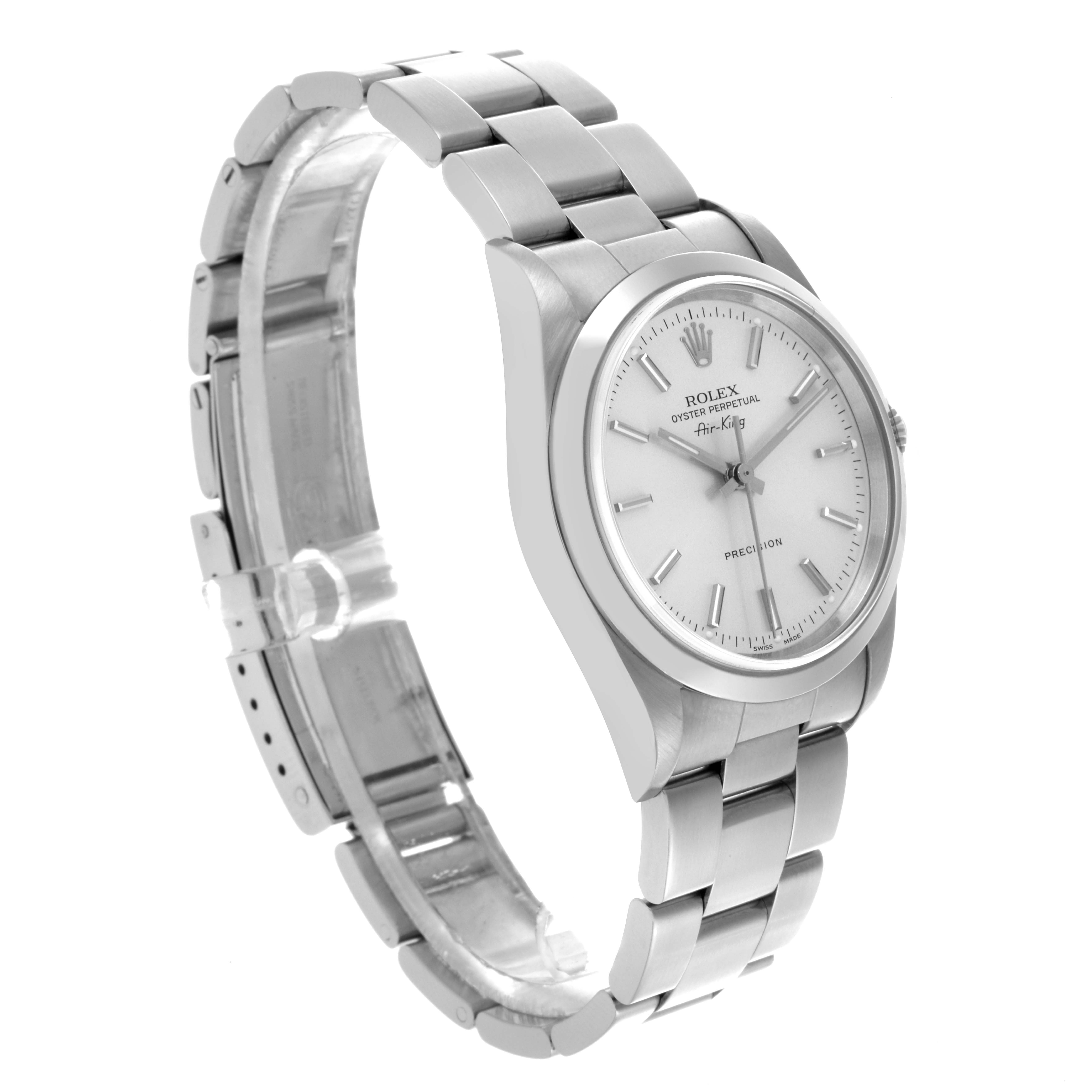 The Rolex Air-King 14000M Men's Stainless Steel Silver Dial 14000M Men's Stainless Steel Silver Dial watch is shown in a side angle, highlighting its face, bezel, case, and bracelet.