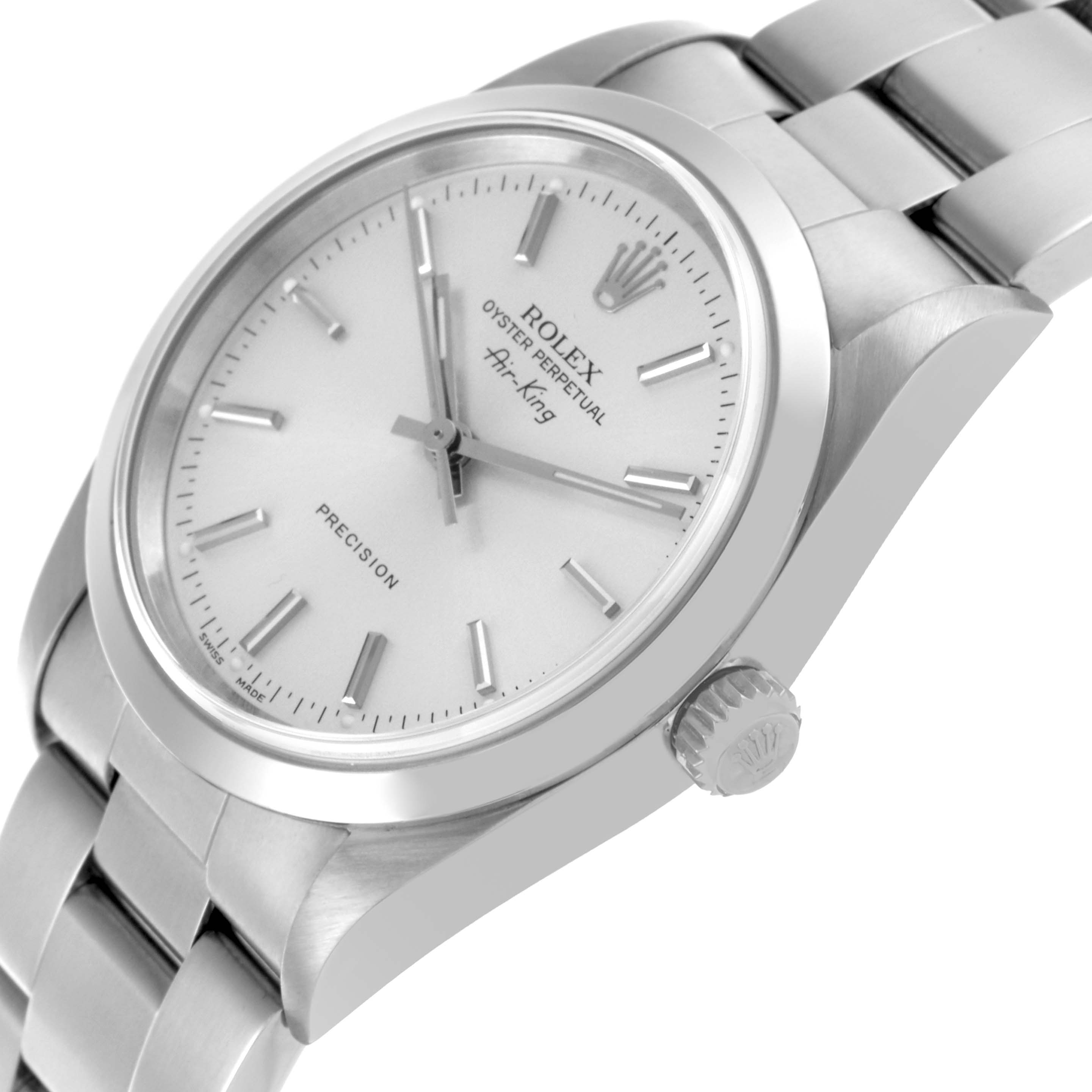 The Rolex Air-King 14000M Men's Stainless Steel Silver Dial 14000M Men's Stainless Steel Silver Dial watch is shown from a side angle, highlighting the dial, bezel, crown, and part of the bracelet.