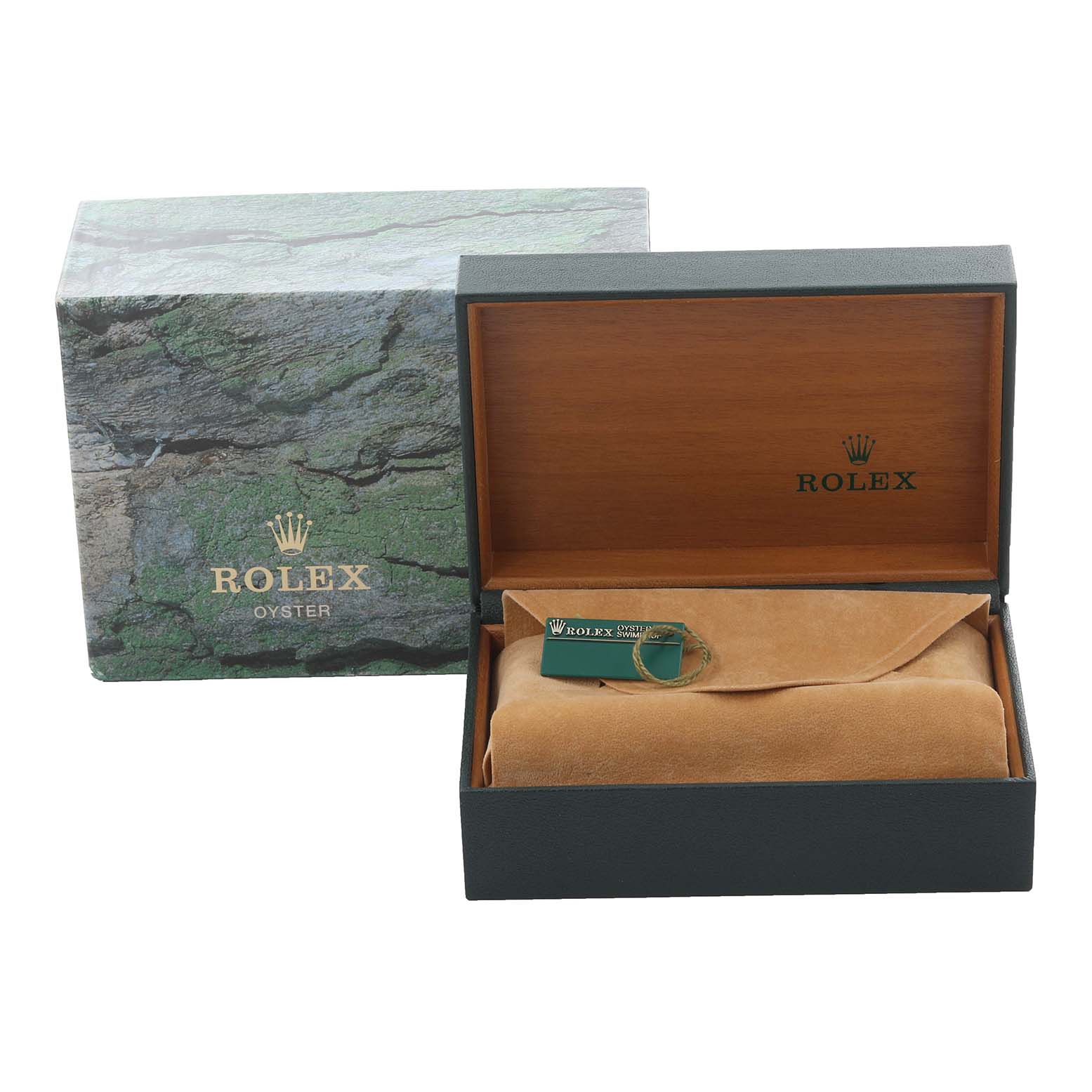 The image shows a Rolex Air-King 14000M Men's Stainless Steel Silver Dial 14000M Men's Stainless Steel Silver Dial watch box and packaging with a tag, viewed from the front.