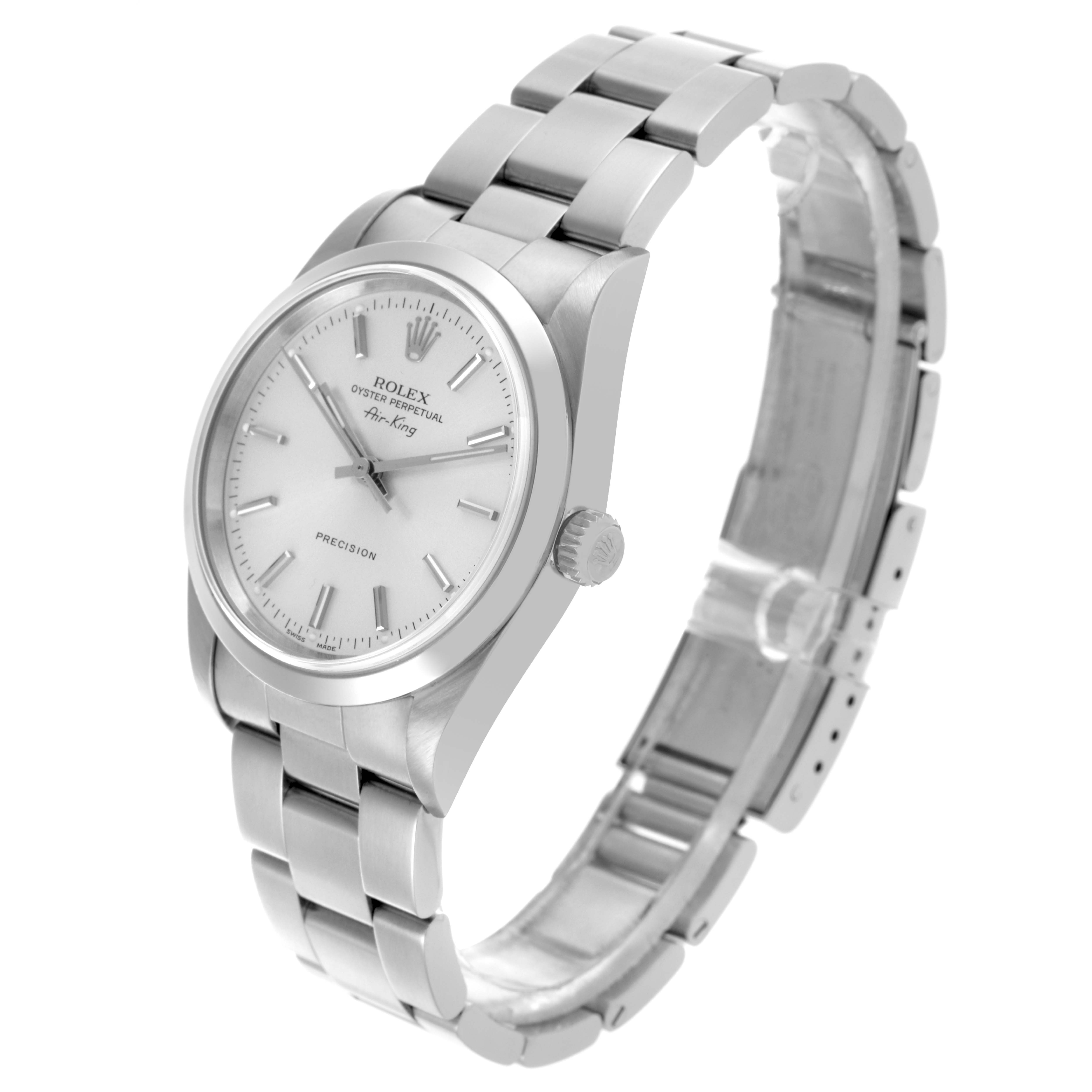 The Rolex Air-King 14000M Men's Stainless Steel Silver Dial 14000M Men's Stainless Steel Silver Dial watch is shown at a side angle, highlighting the dial, bracelet, and bezel.