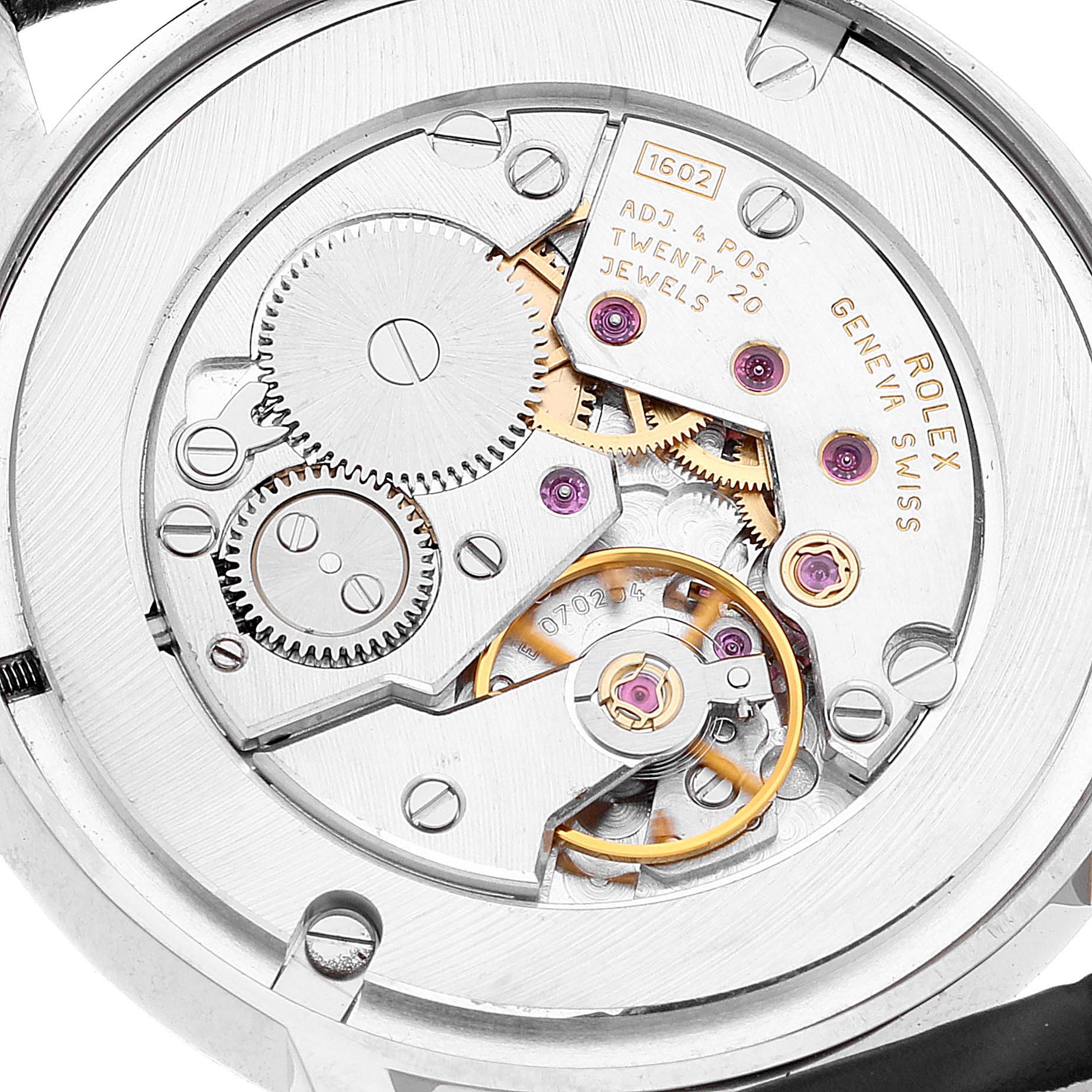 This image shows the internal movement mechanism of a Rolex Cellini 5115/9 Men
s White Gold Beige Dial 5115/9 Men
s White Gold Beige Dial watch, viewed from the back.