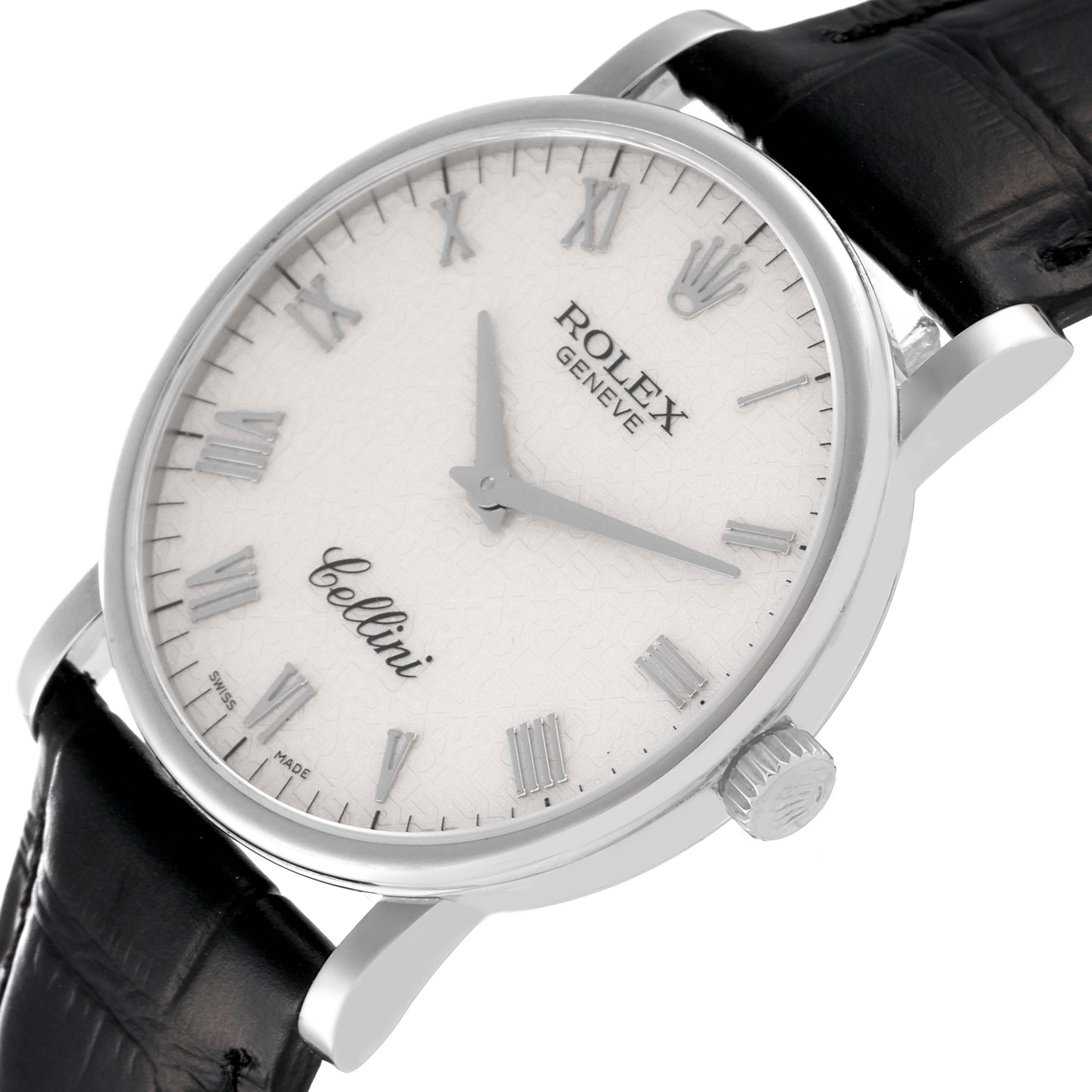 The image shows a Rolex Cellini 5115/9 Men
s White Gold Beige Dial 5115/9 Men
s White Gold Beige Dial watch at an angled view, highlighting the dial, crown, case, and part of the strap.