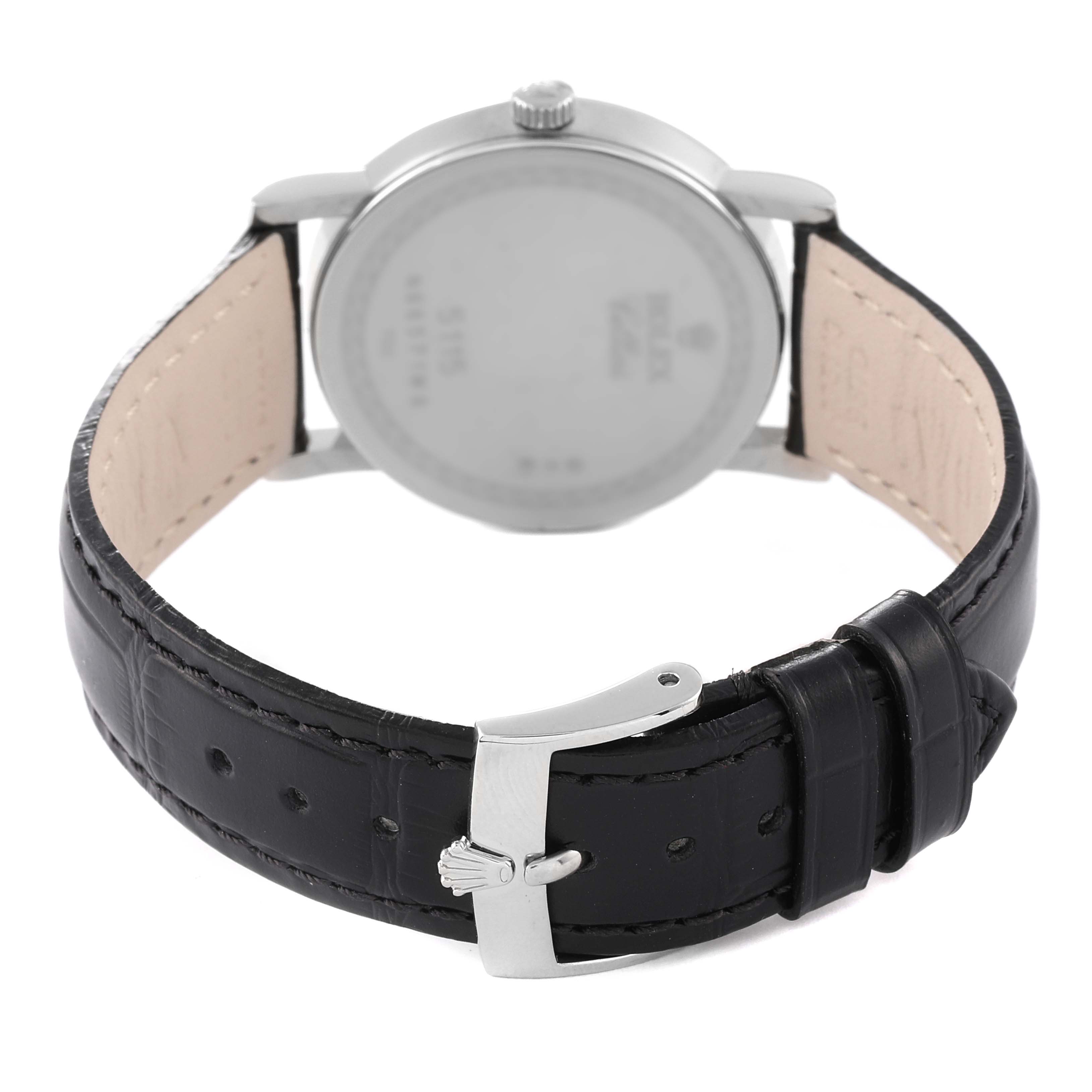 The image shows the back case and leather strap with a buckle of a Rolex Cellini 5115/9 Men
s White Gold Beige Dial 5115/9 Men
s White Gold Beige Dial watch.