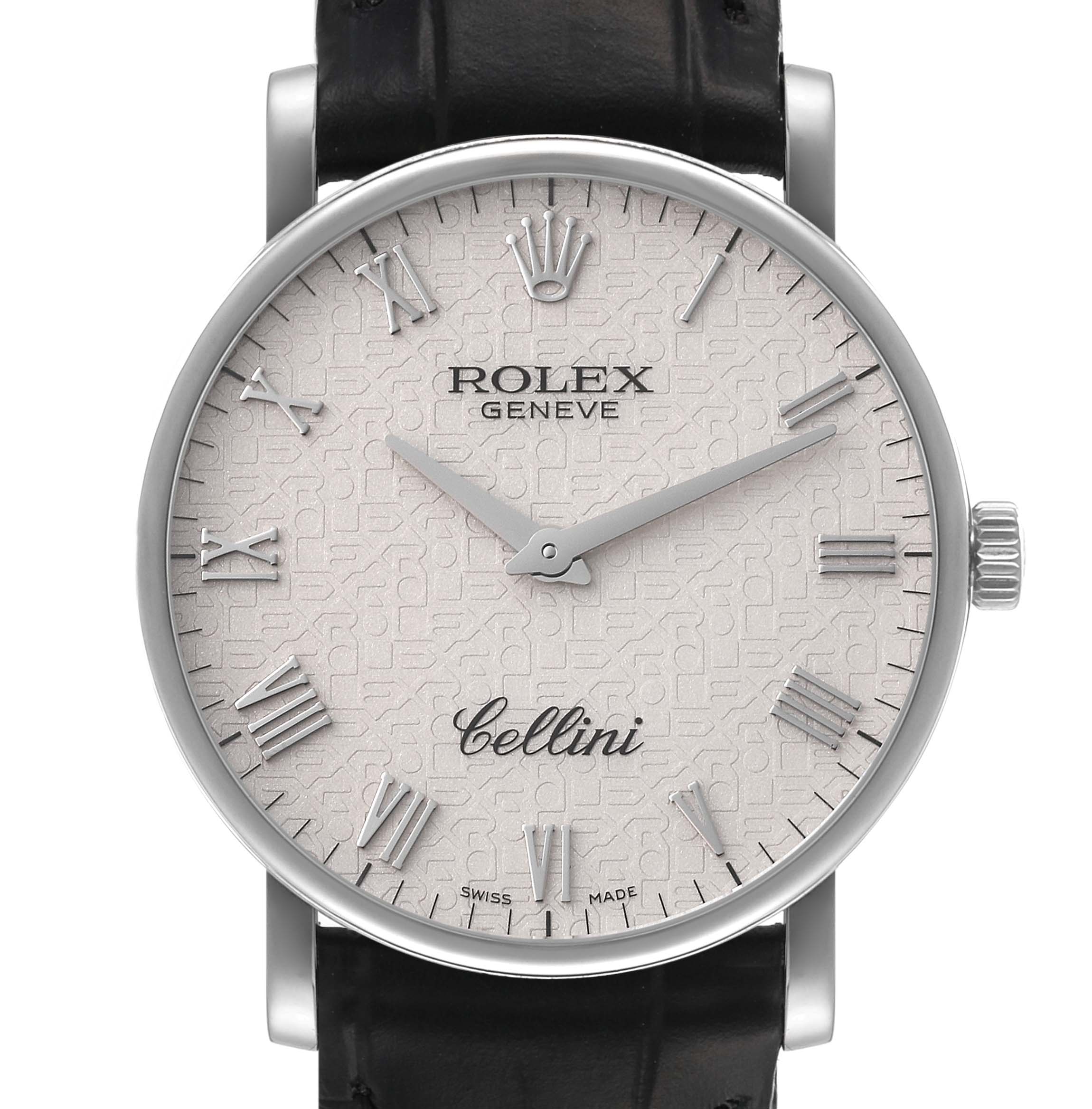 This Rolex Cellini 5115/9 Men
s White Gold Beige Dial 5115/9 Men
s White Gold Beige Dial watch shows a front view, highlighting the dial, hands, hour markers, and crown.