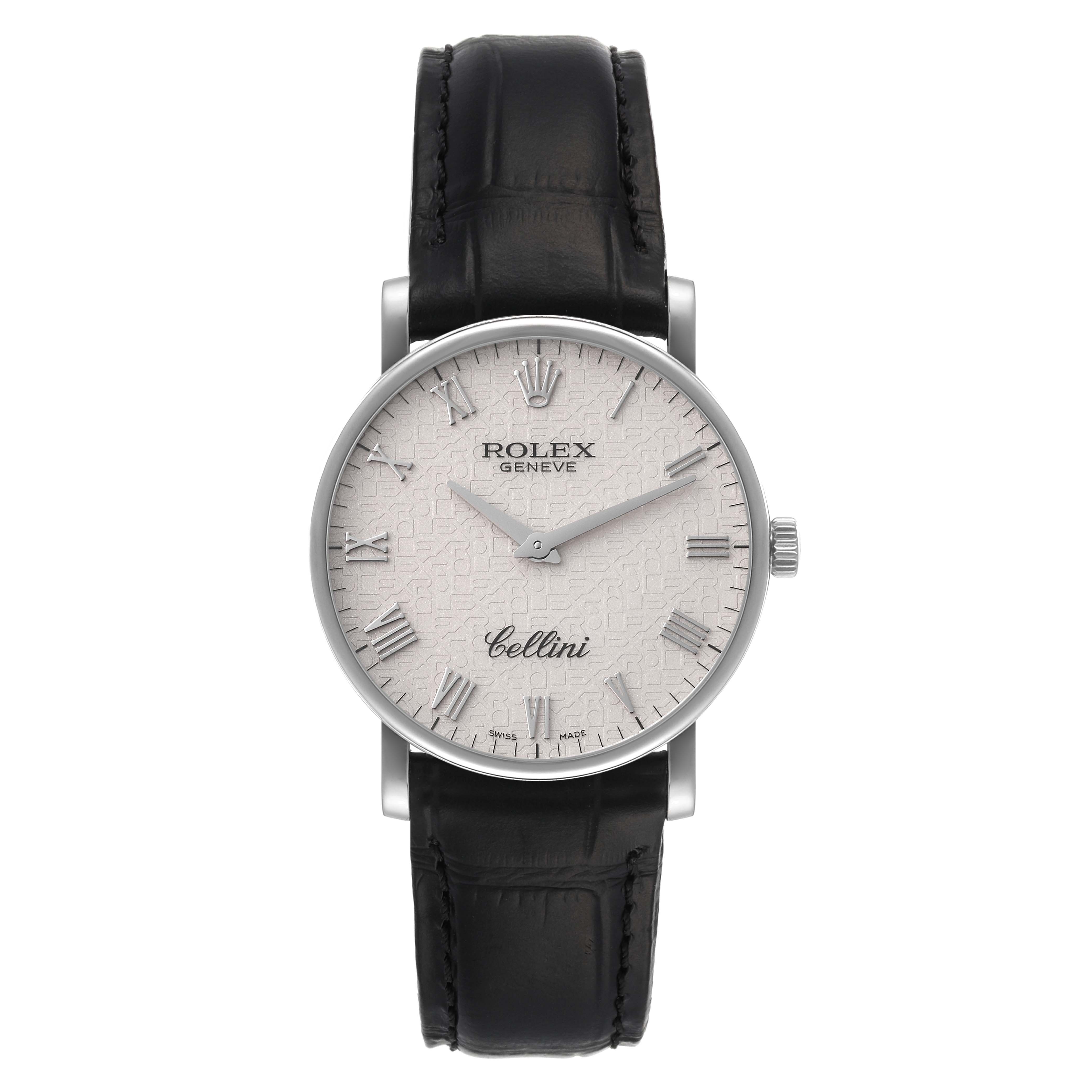 The image shows a Rolex Cellini 5115/9 Men
s White Gold Beige Dial 5115/9 Men
s White Gold Beige Dial model watch from a front view, featuring its face, dial, and black leather strap.