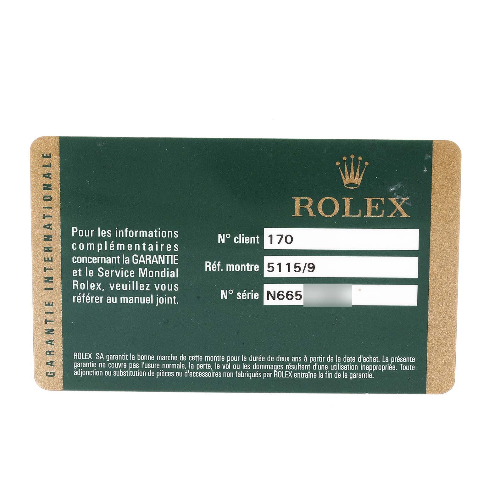 This image shows the warranty card for the Rolex Cellini 5115/9 Men
s White Gold Beige Dial 5115/9 Men
s White Gold Beige Dial model, with client number, reference number, and serial number visible.