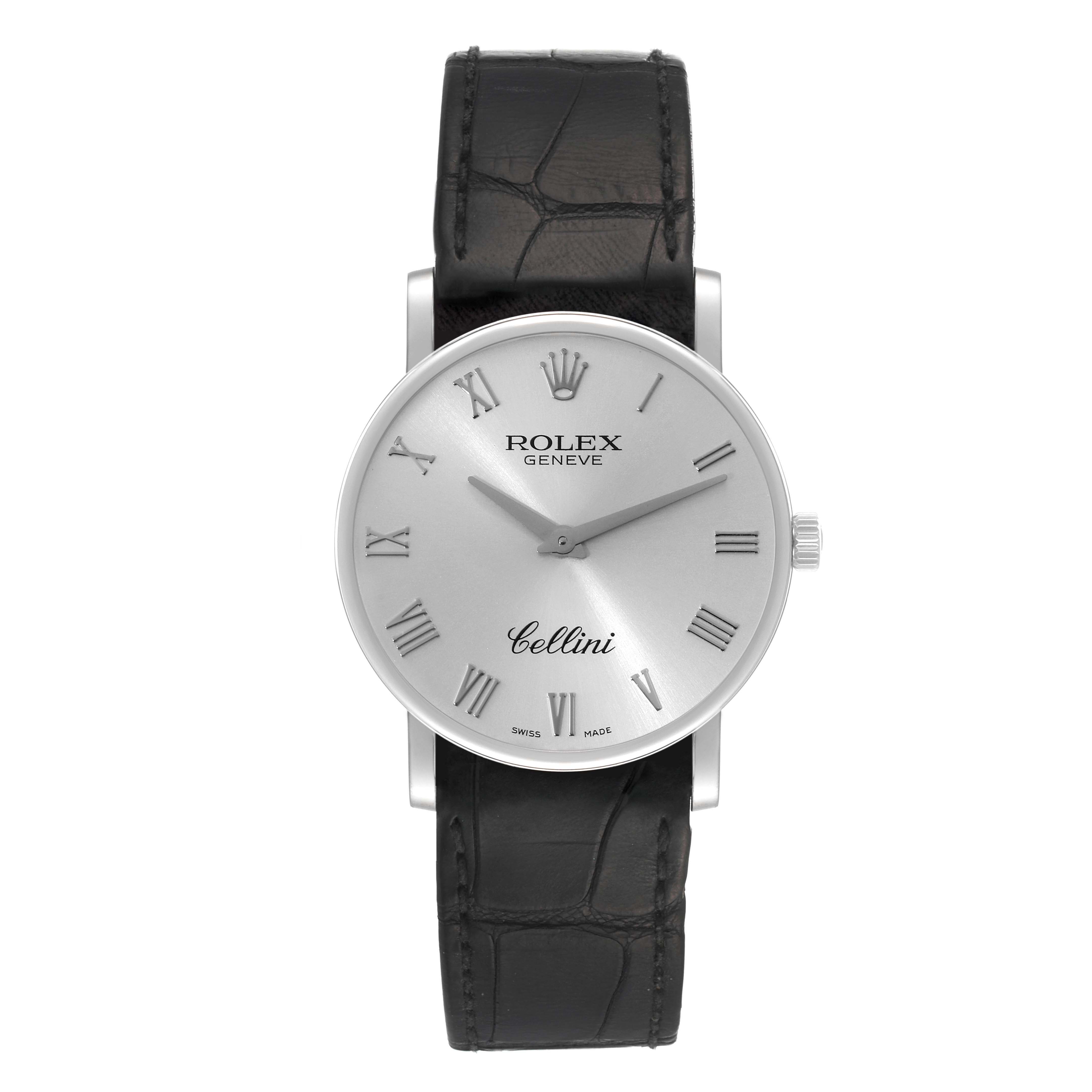 The Rolex Cellini 5115 Men's White Gold Silver Dial 5115 Men's White Gold Silver Dial watch is shown in a front-facing angle, displaying the dial, Roman numerals, hands, and leather strap.
